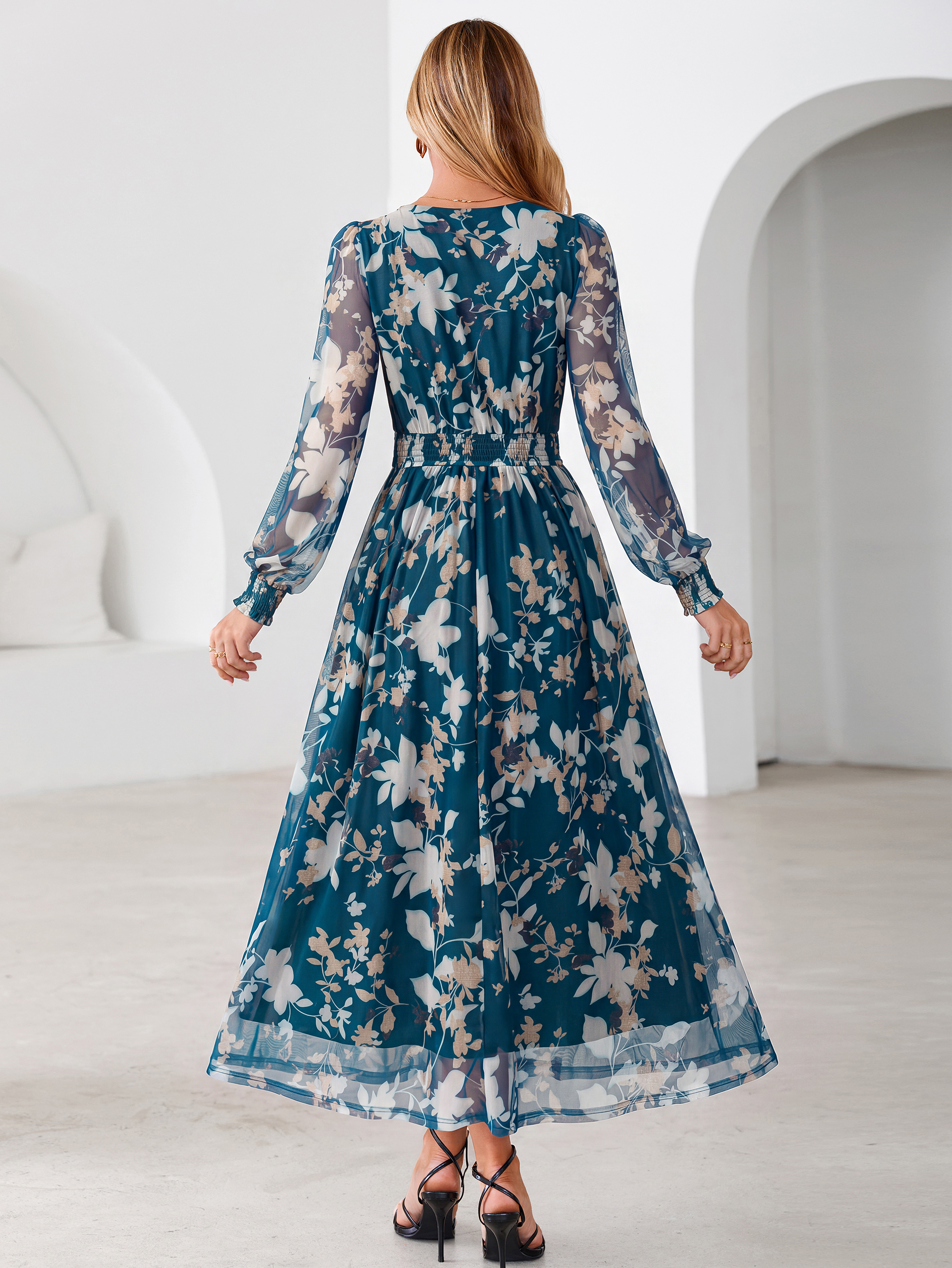 Romantic Floral Tulle Smocked Maxi Dress