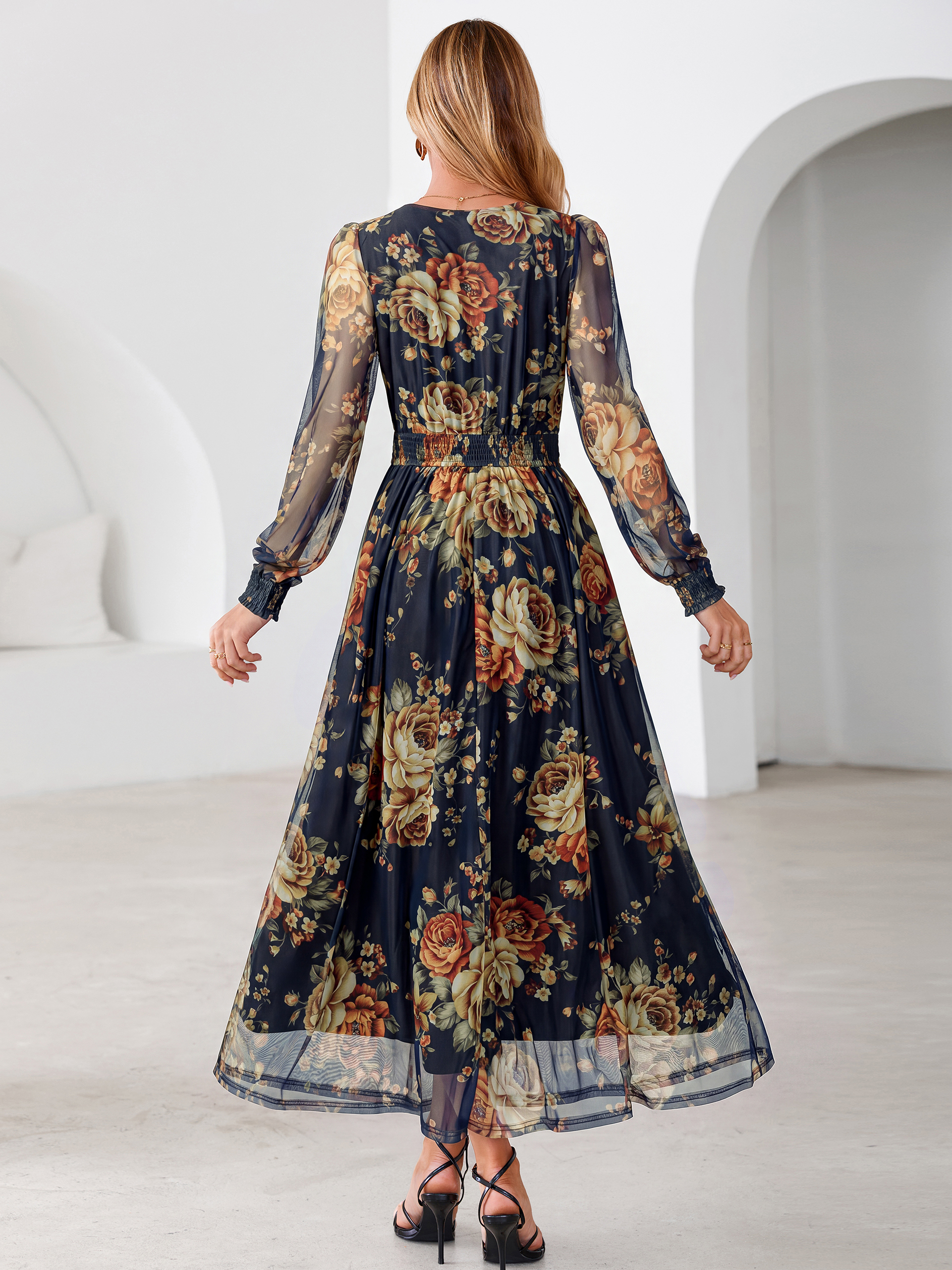 Romantic Floral Tulle Smocked Maxi Dress