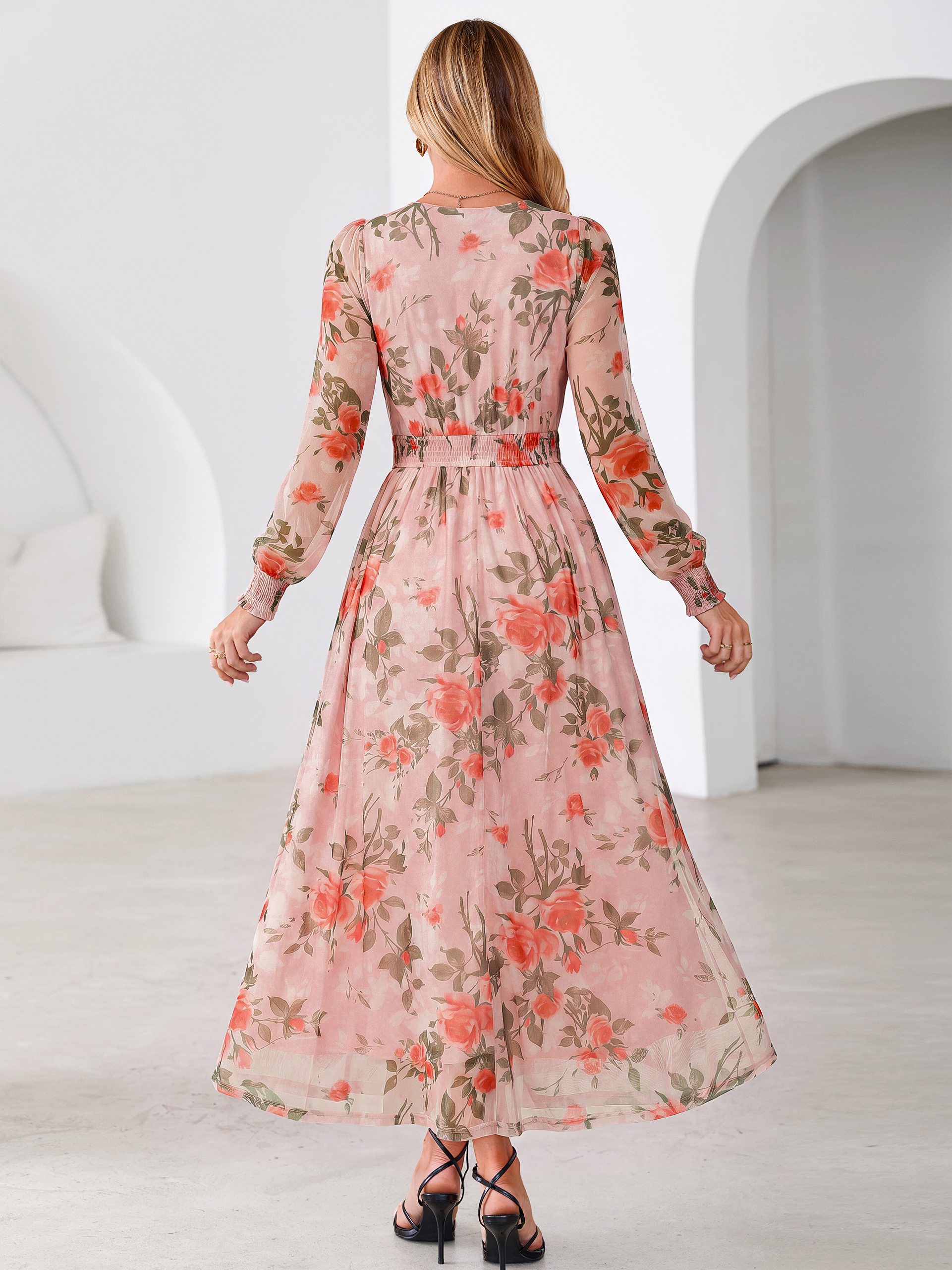 Romantic Floral Tulle Smocked Maxi Dress