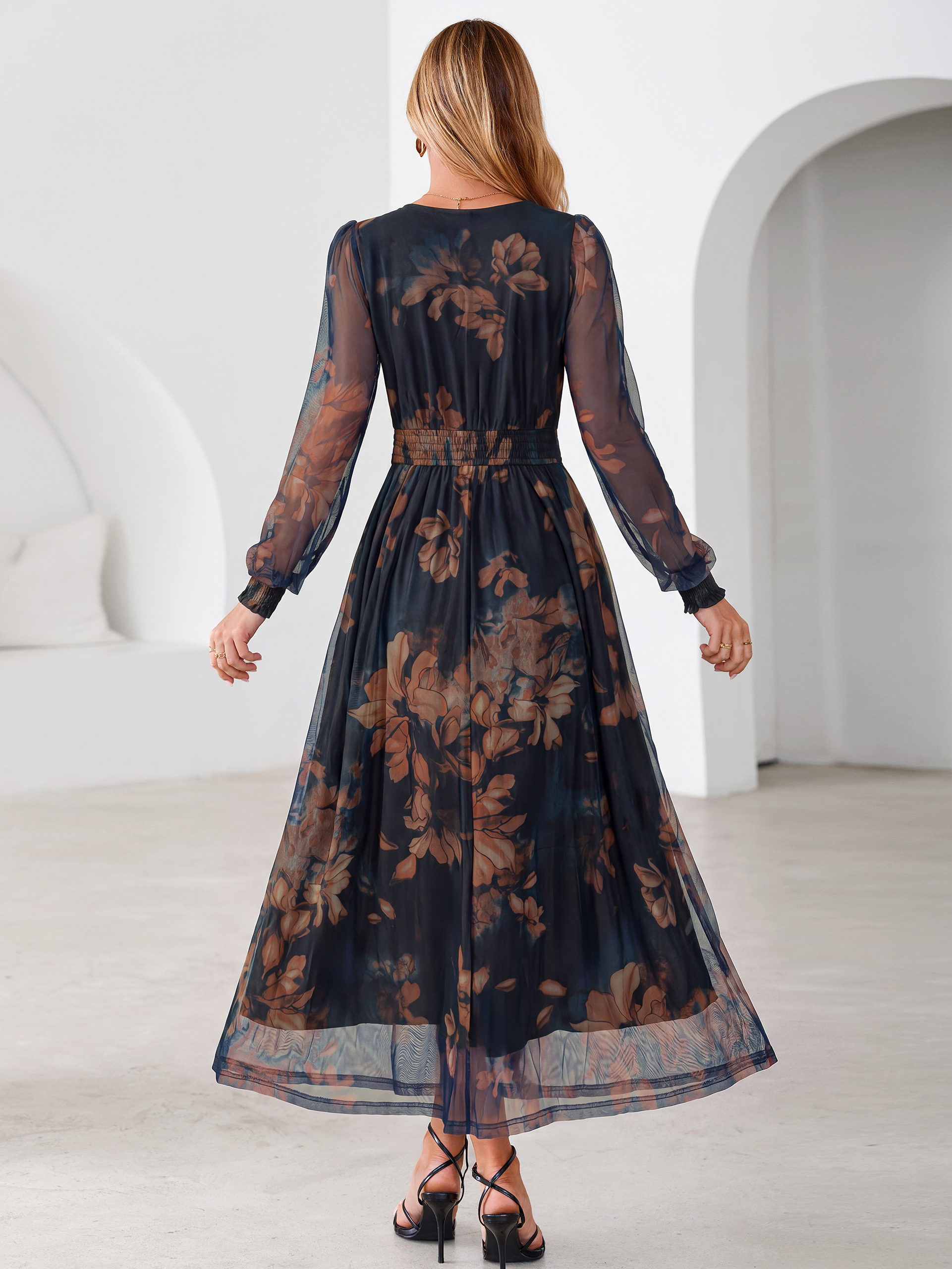 Romantic Floral Tulle Smocked Maxi Dress