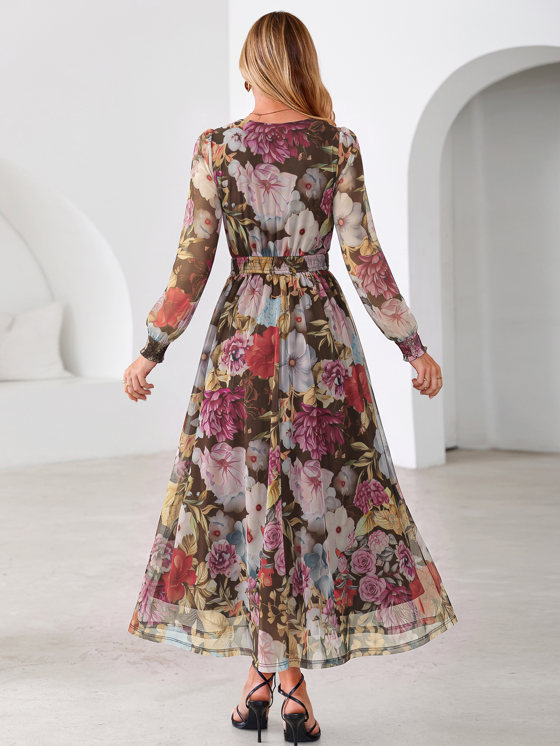 Romantic Floral Tulle Smocked Maxi Dress