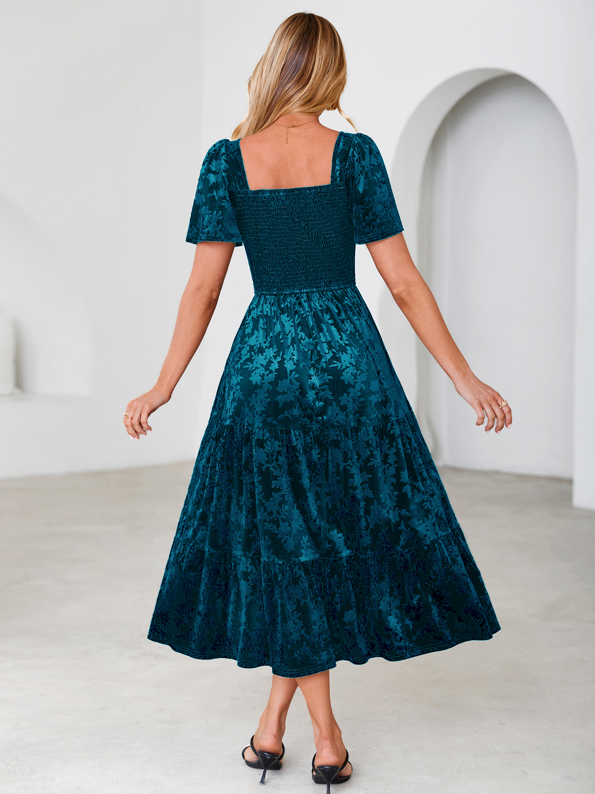 Square Neck Smocked Velvet Short Sleeve Maxi Dress