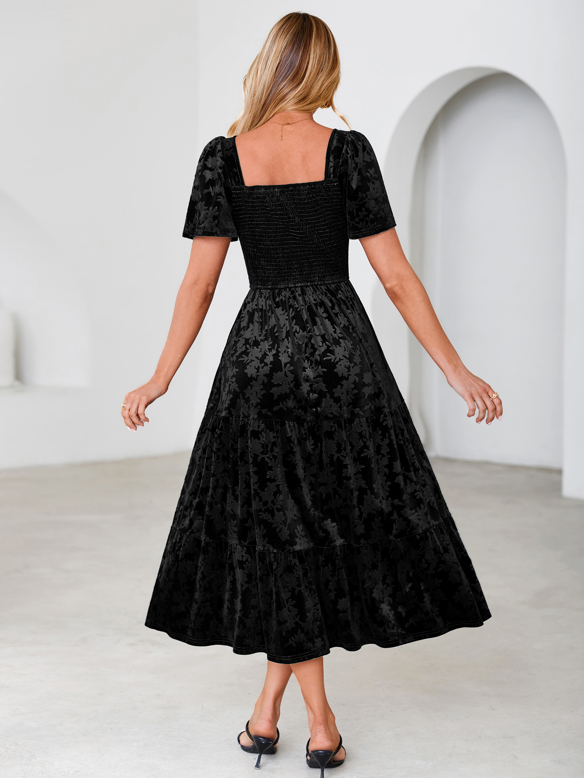 Square Neck Smocked Velvet Short Sleeve Maxi Dress