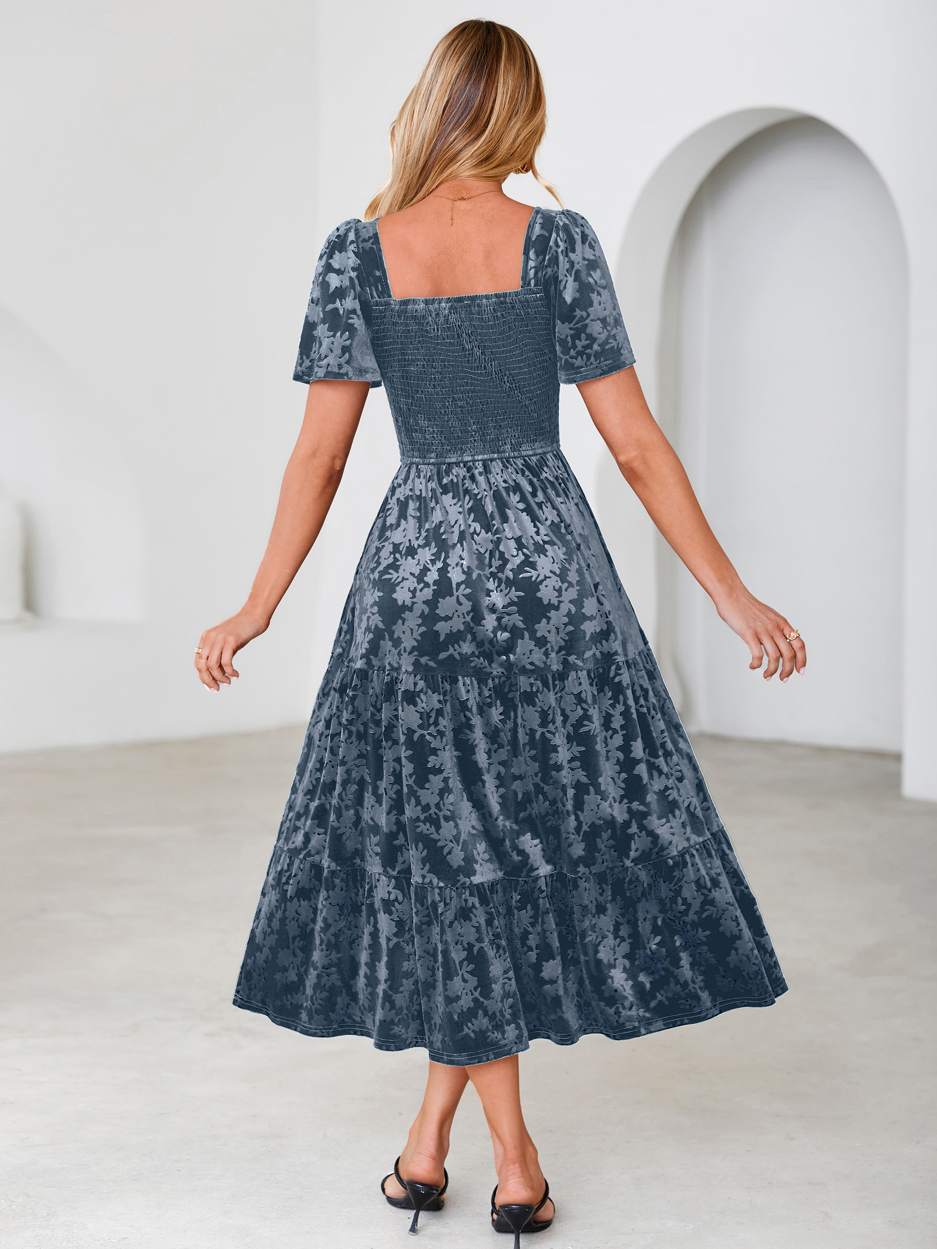Square Neck Smocked Velvet Short Sleeve Maxi Dress
