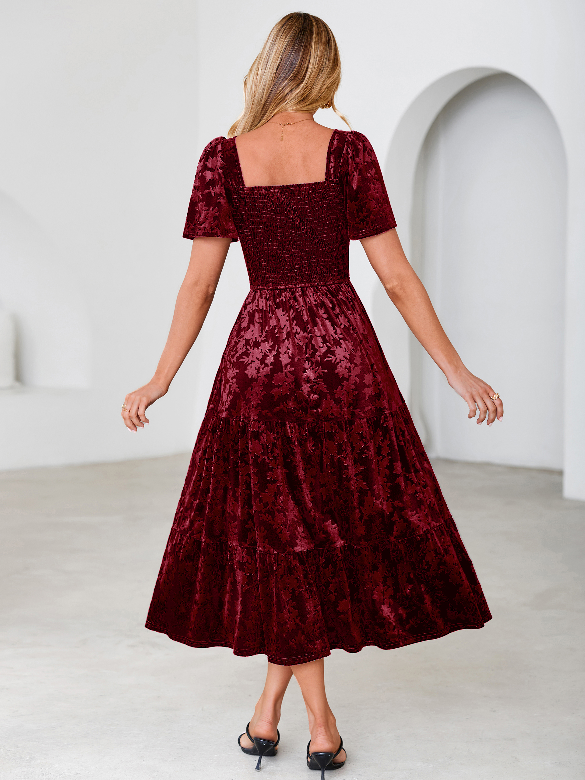 Square Neck Smocked Velvet Short Sleeve Maxi Dress