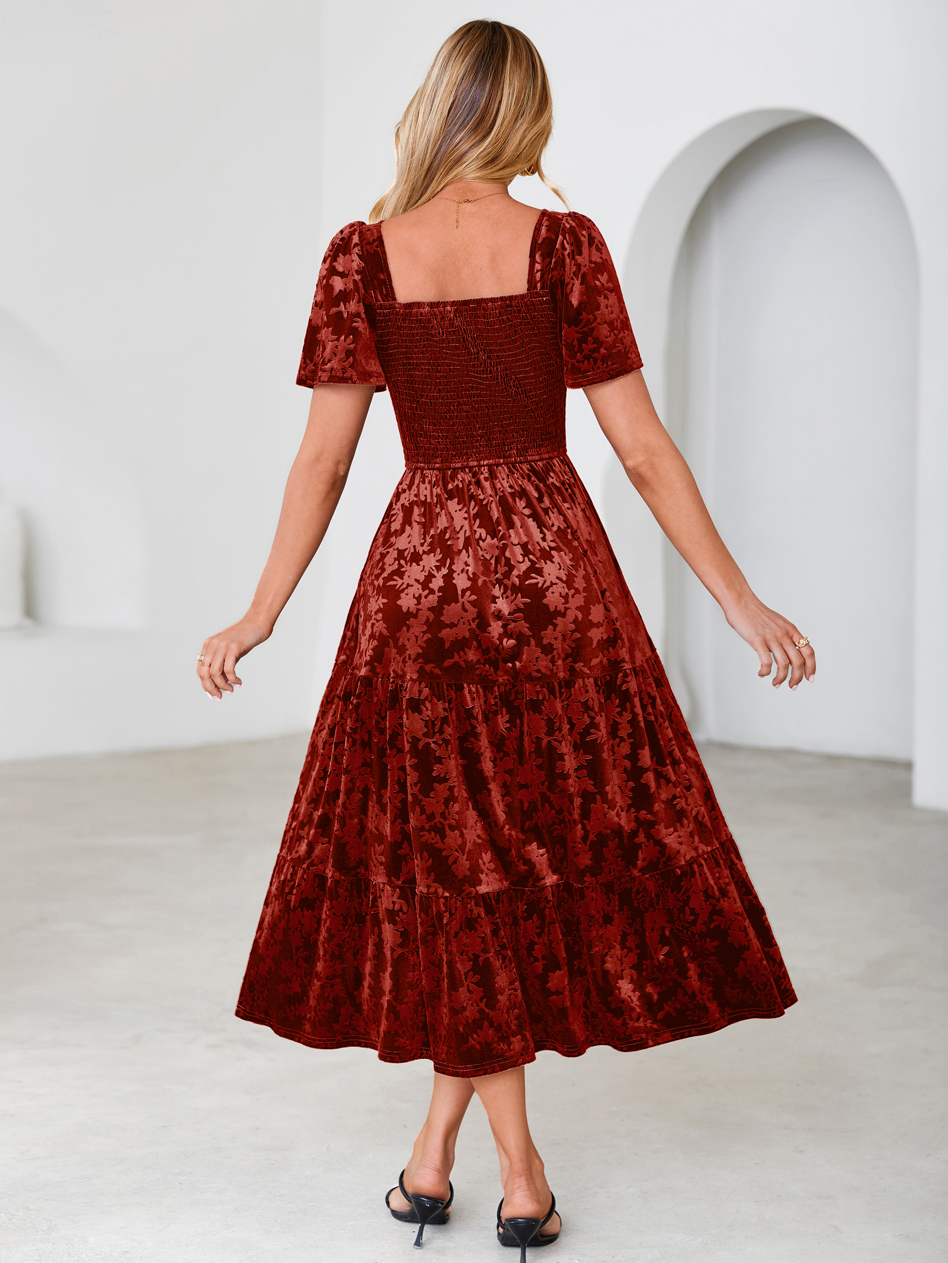 Square Neck Smocked Velvet Short Sleeve Maxi Dress