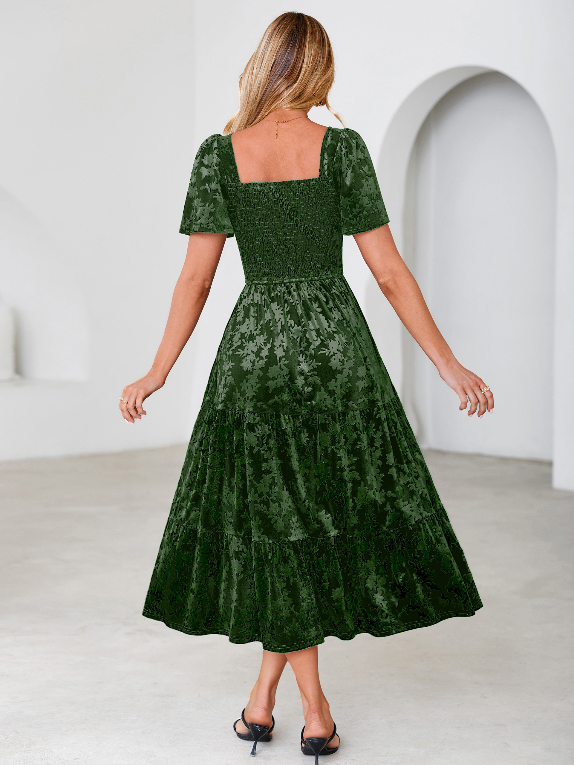 Square Neck Smocked Velvet Short Sleeve Maxi Dress