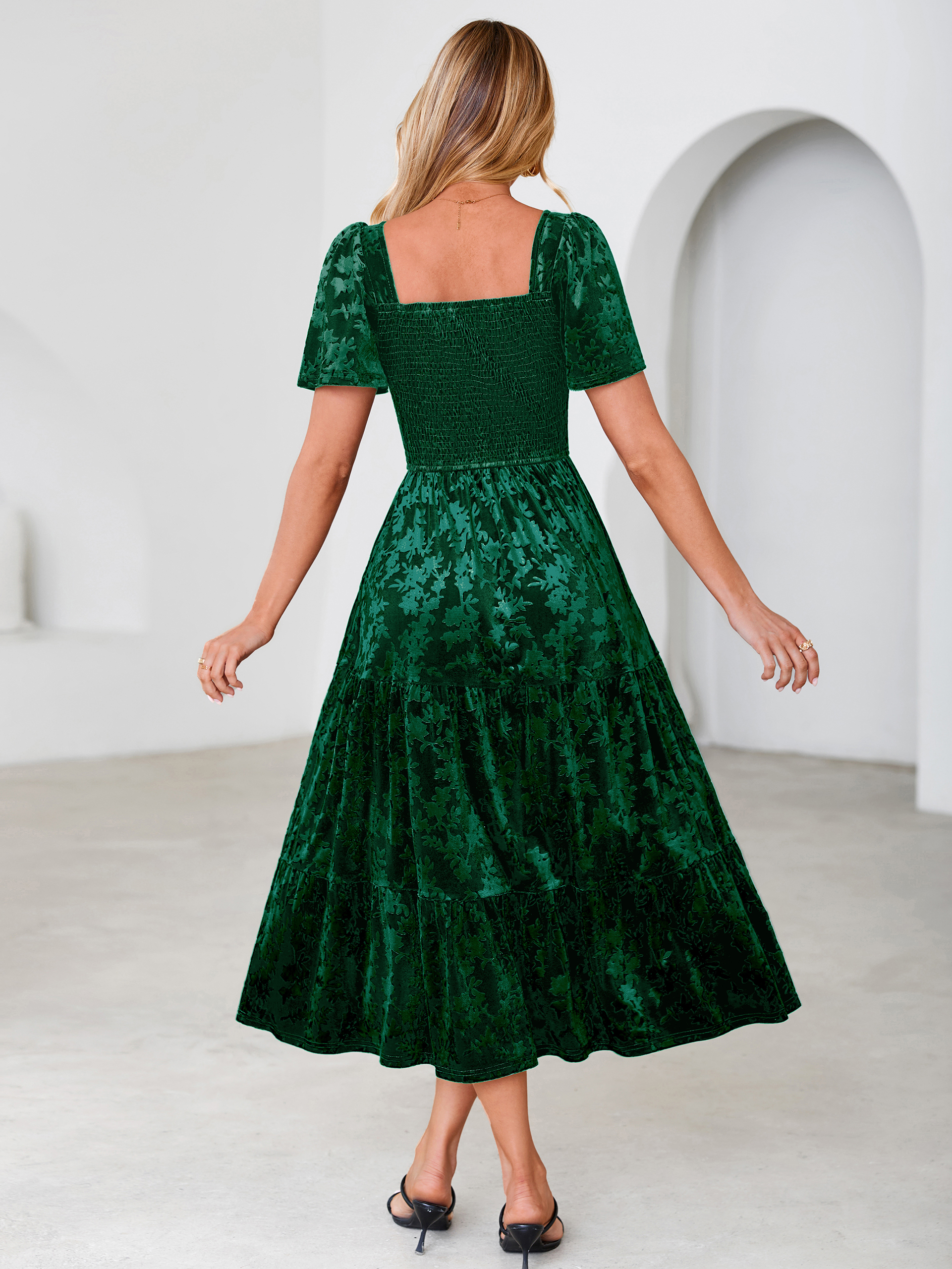 Square Neck Smocked Velvet Short Sleeve Maxi Dress