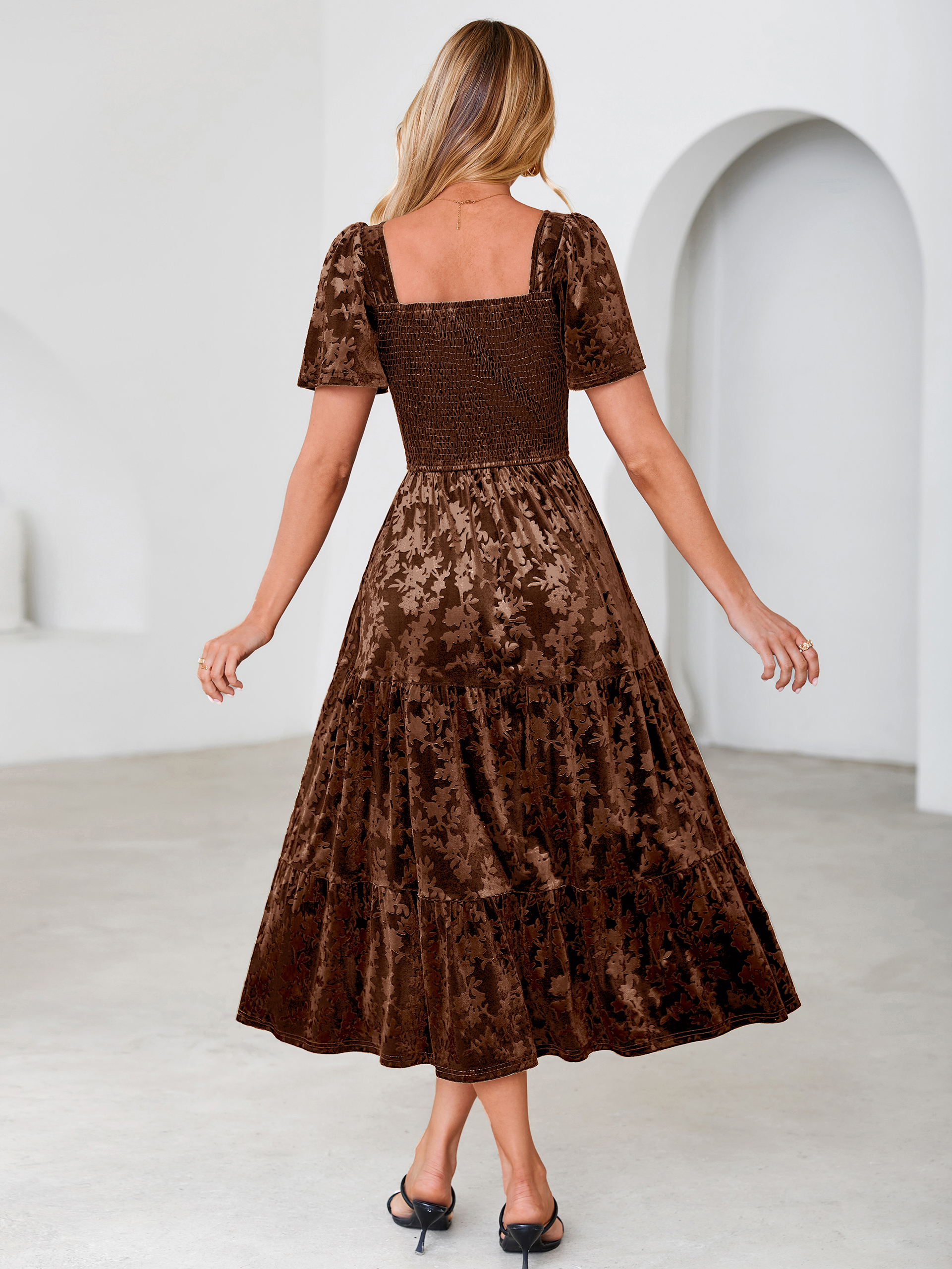 Square Neck Smocked Velvet Short Sleeve Maxi Dress