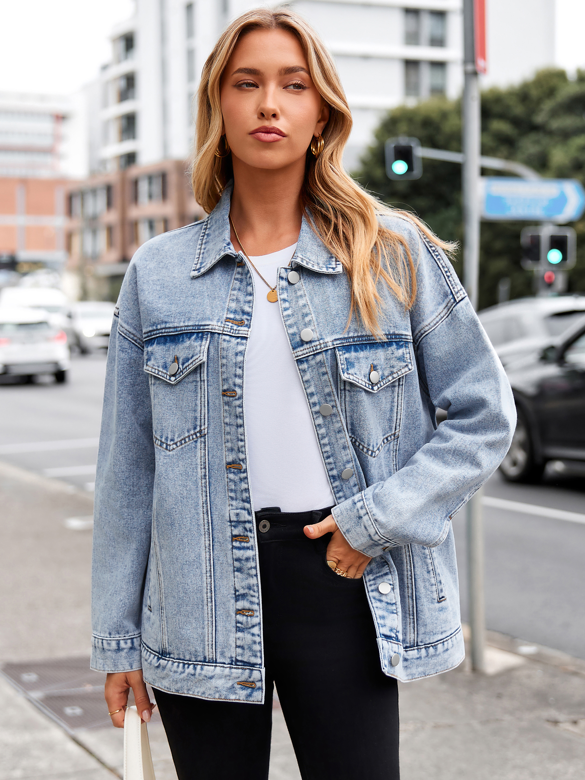Oversized Vintage Denim Trucker Jacket - Light Blue
