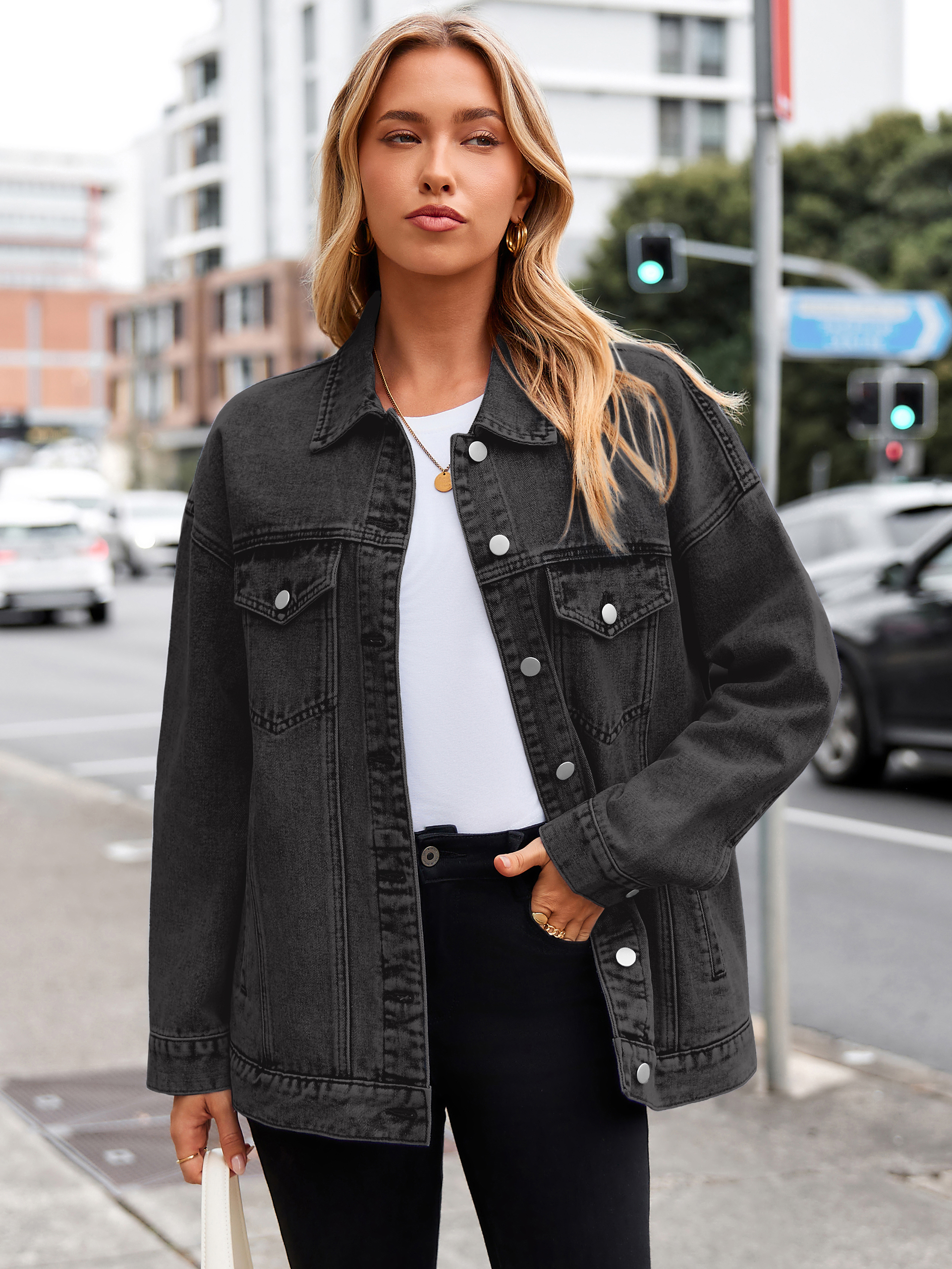 Oversized Vintage Denim Trucker Jacket - Black