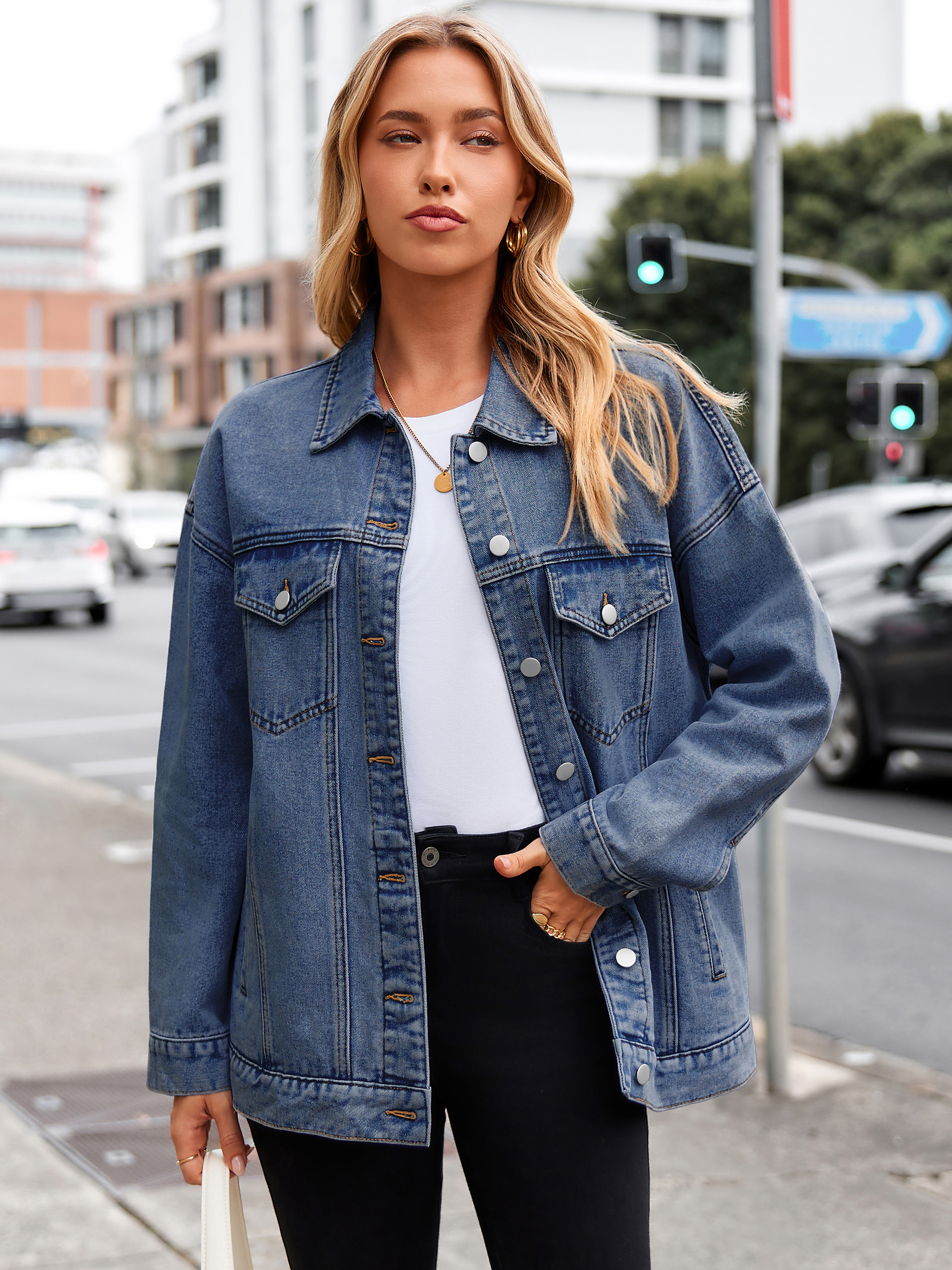 Oversized Vintage Denim Trucker Jacket - Dark Blue