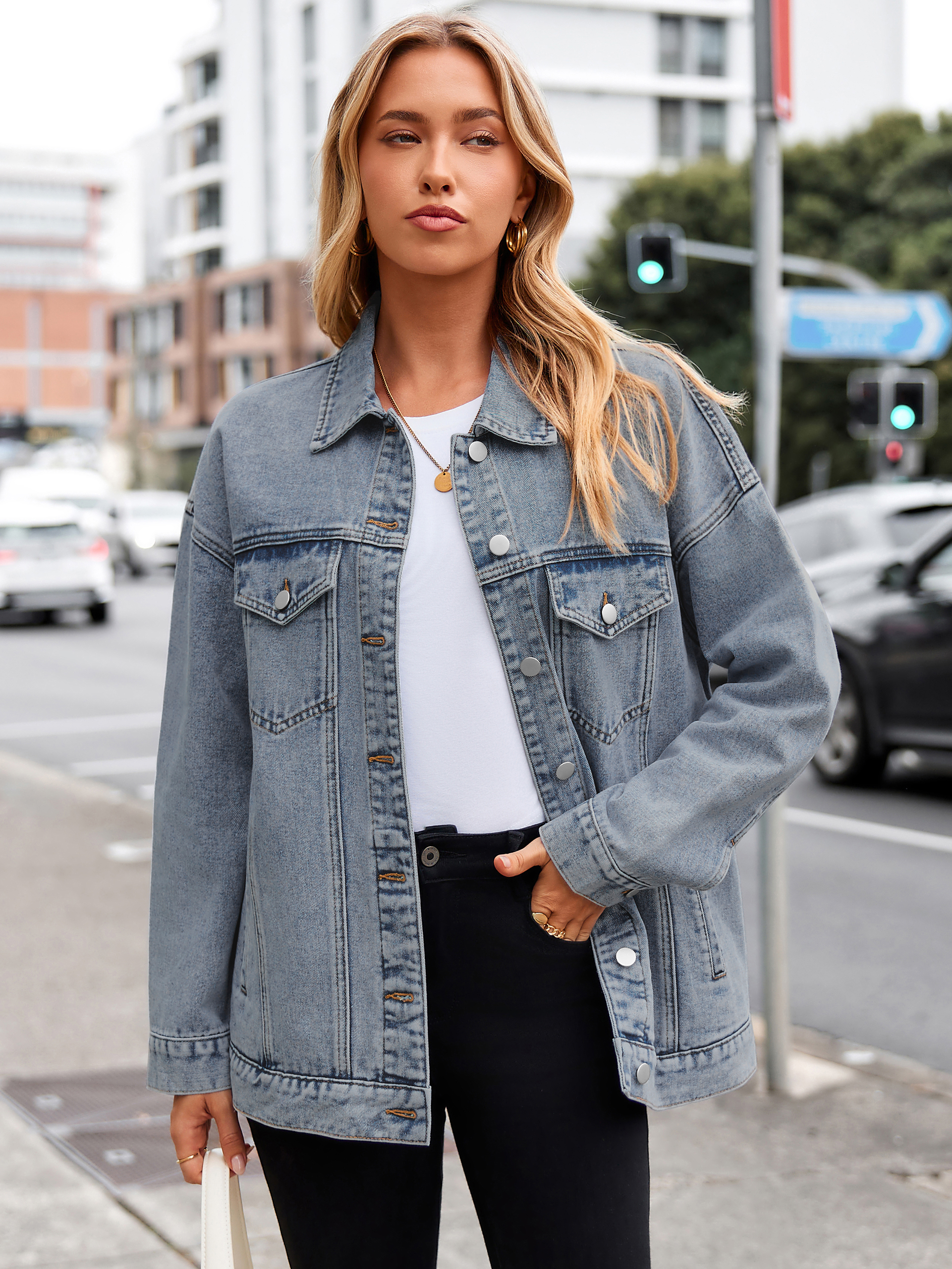 Oversized Vintage Denim Trucker Jacket - Grey Blue