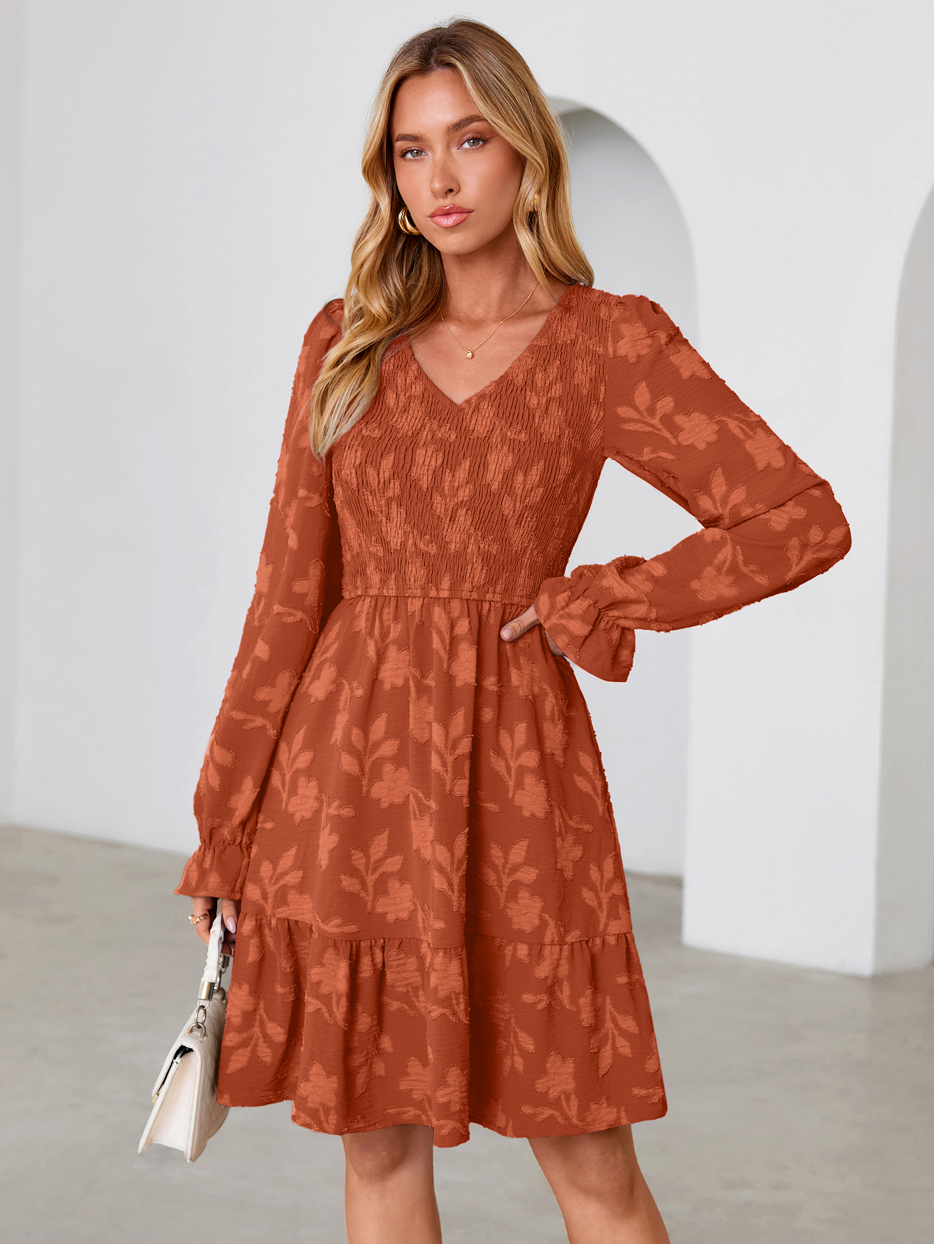 Floral Textured Smocked V Neck A Line Mini Dress