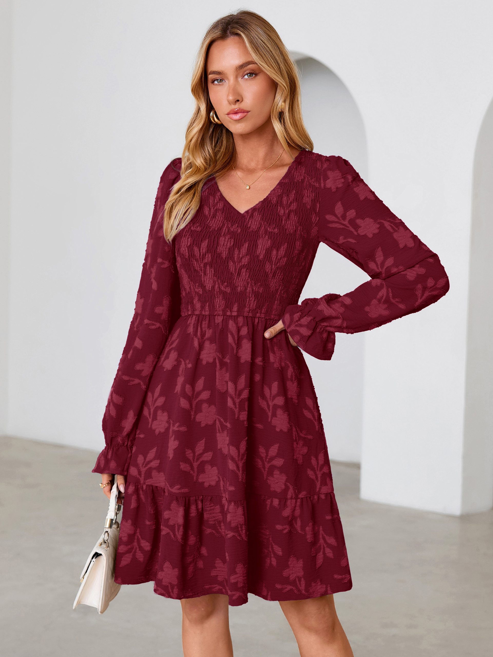 Floral Textured Smocked V Neck A Line Mini Dress