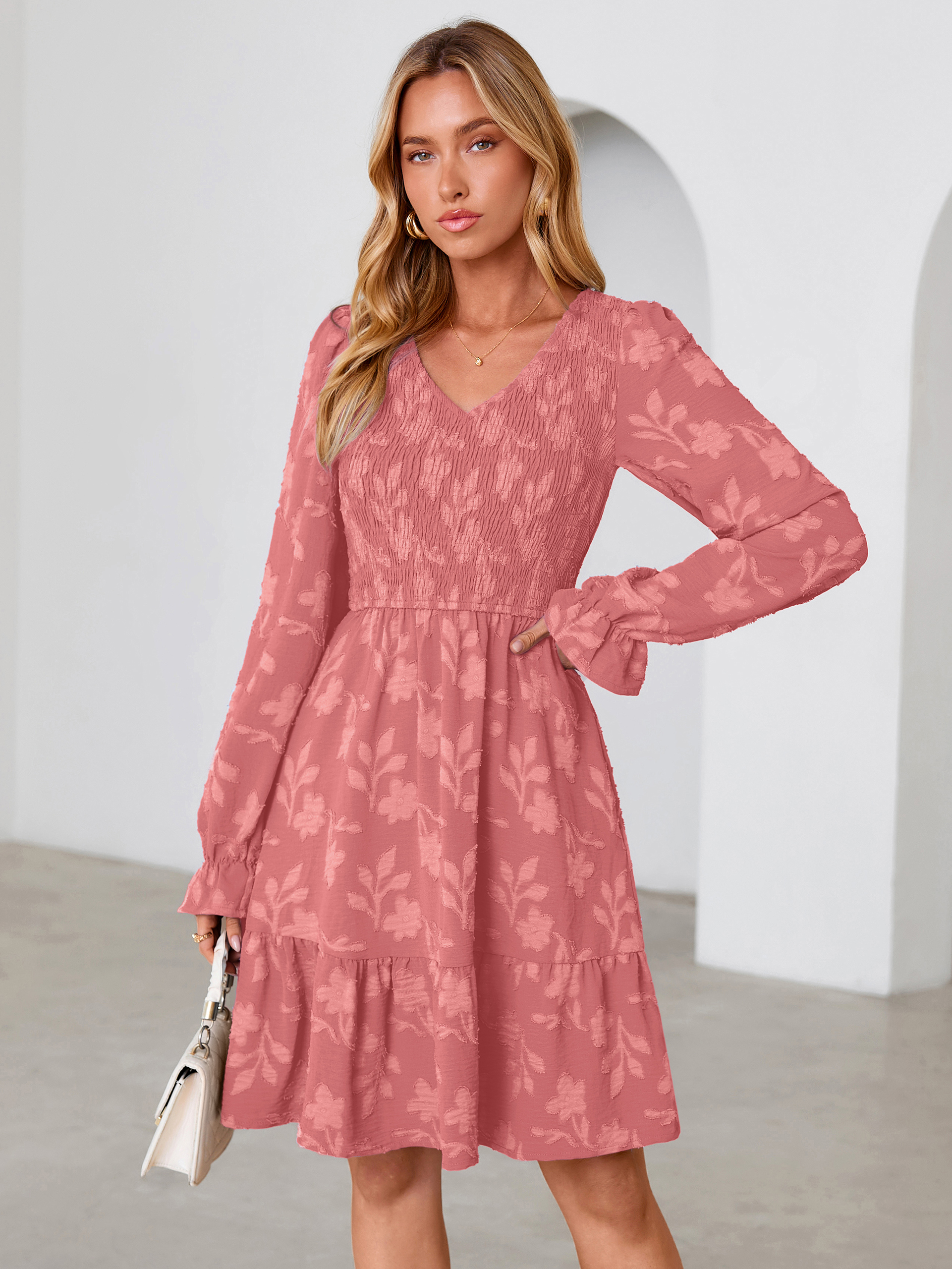 Floral Textured Smocked V Neck A Line Mini Dress
