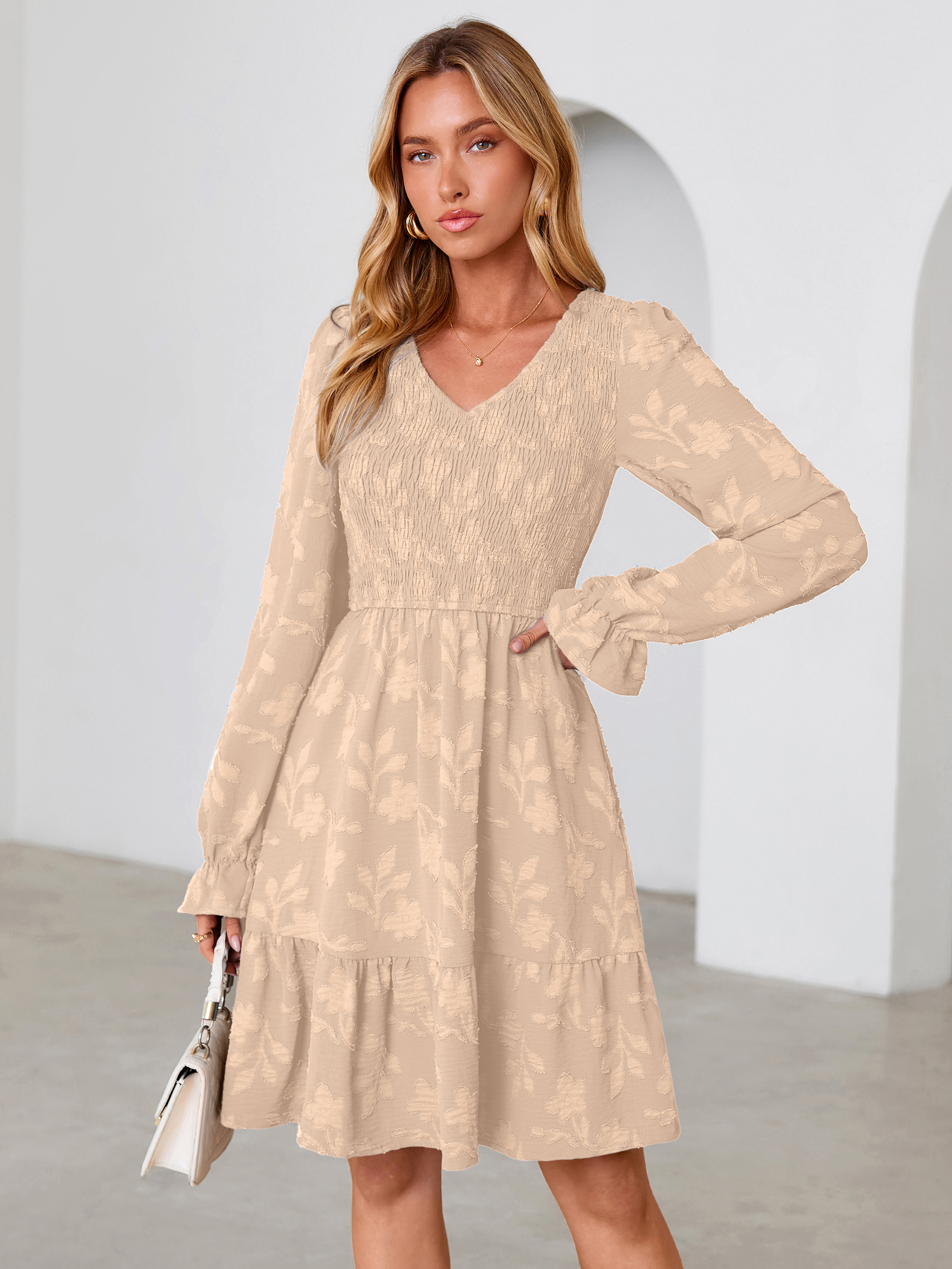 Floral Textured Smocked V Neck A Line Mini Dress