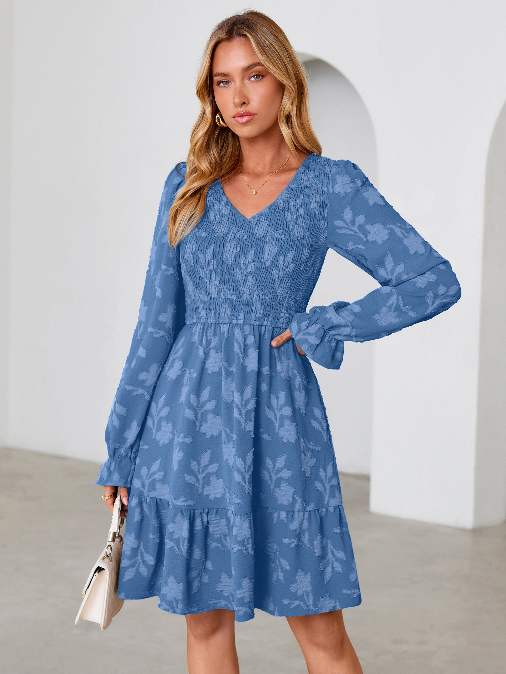 Floral Textured Smocked V Neck A Line Mini Dress