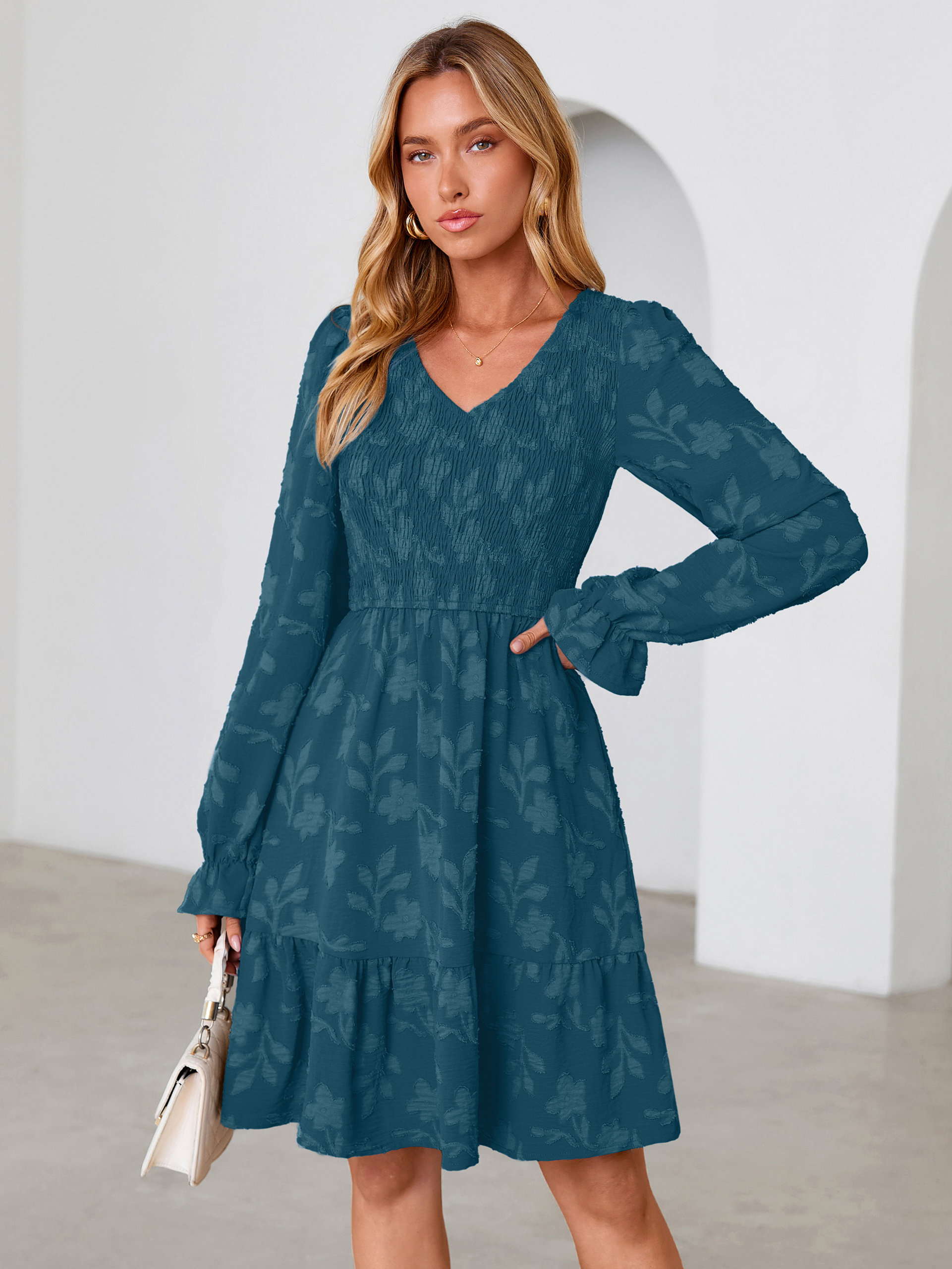 Floral Textured Smocked V Neck A Line Mini Dress