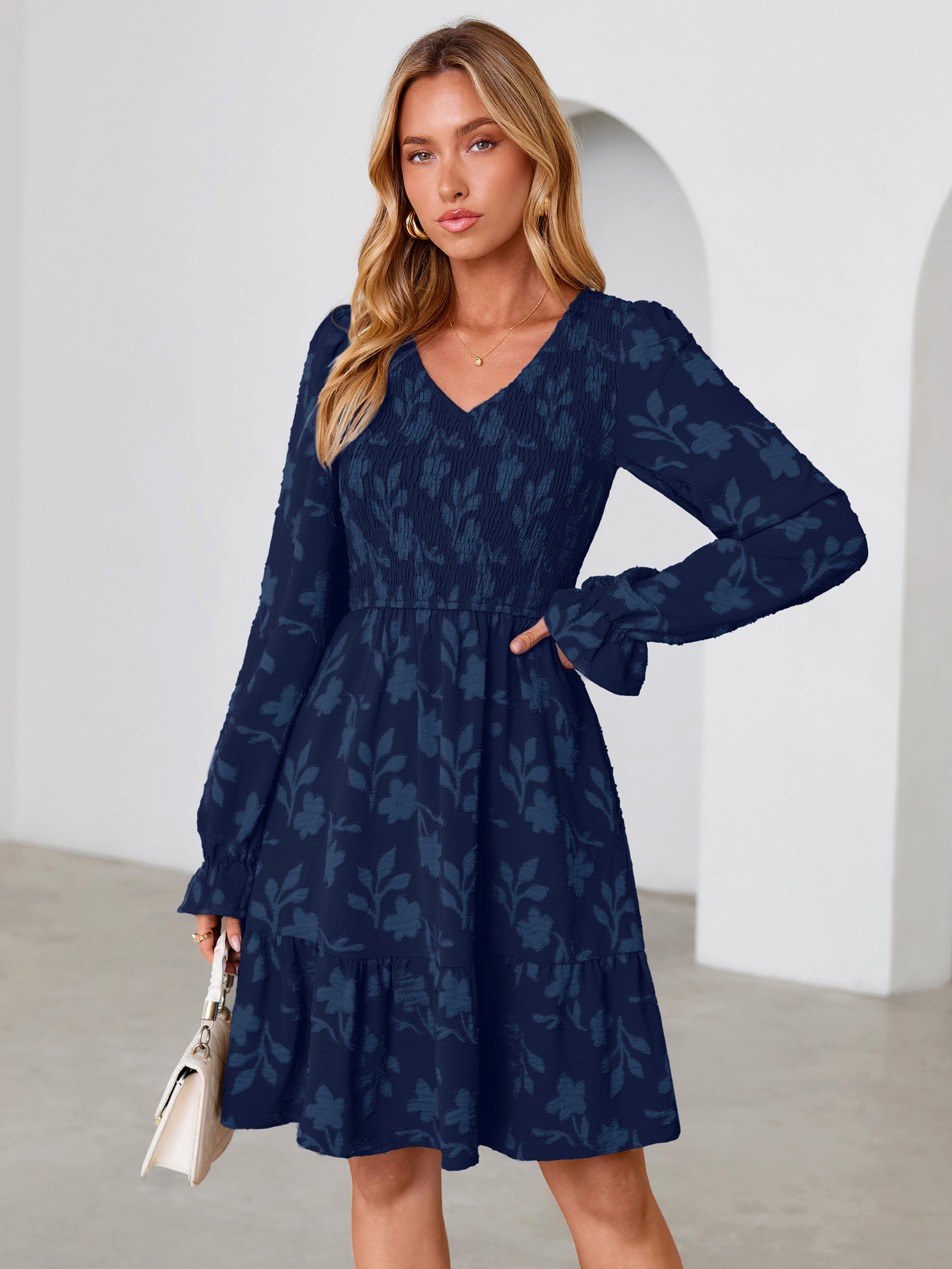 Floral Textured Smocked V Neck A Line Mini Dress