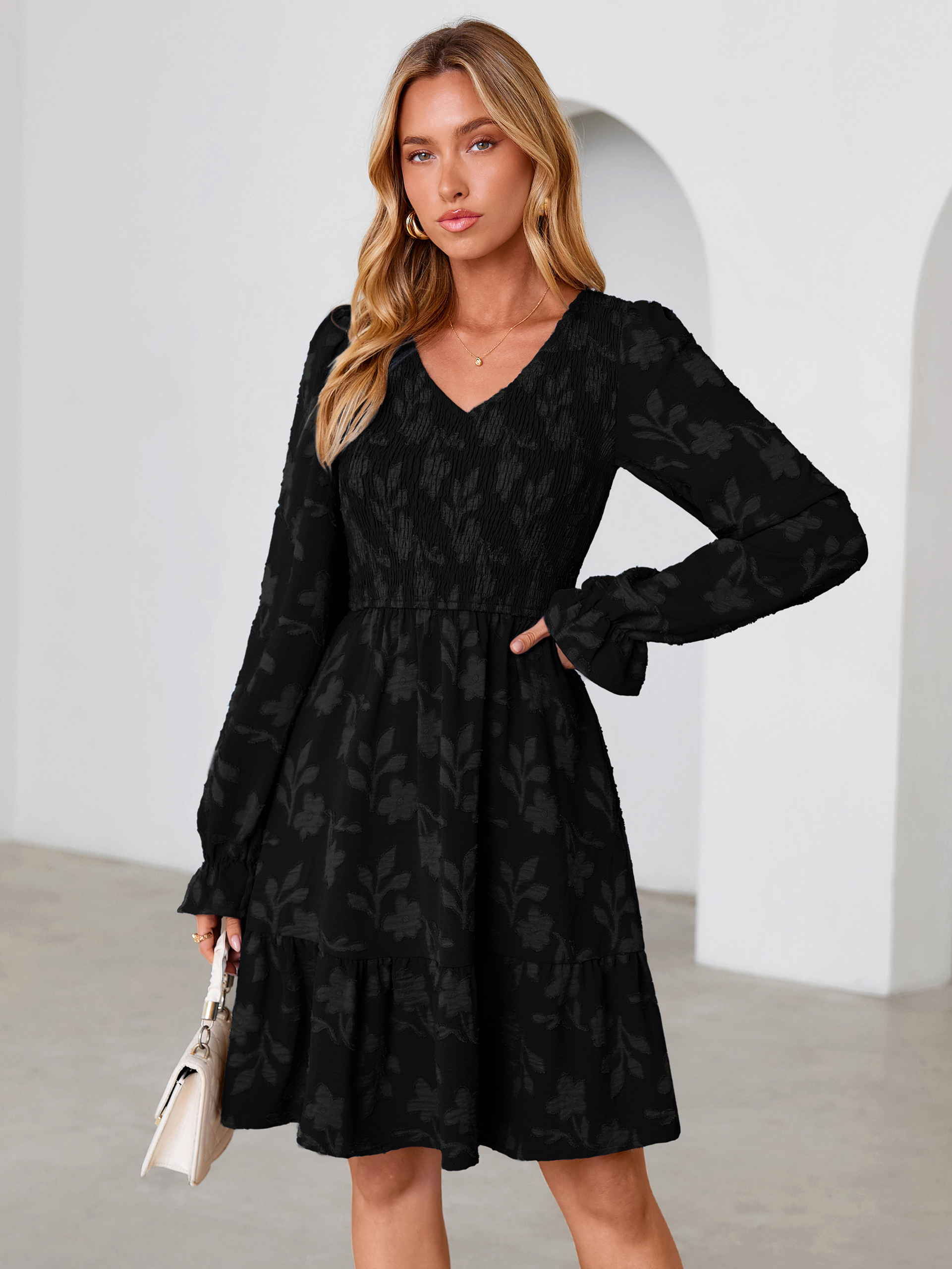 Floral Textured Smocked V Neck A Line Mini Dress