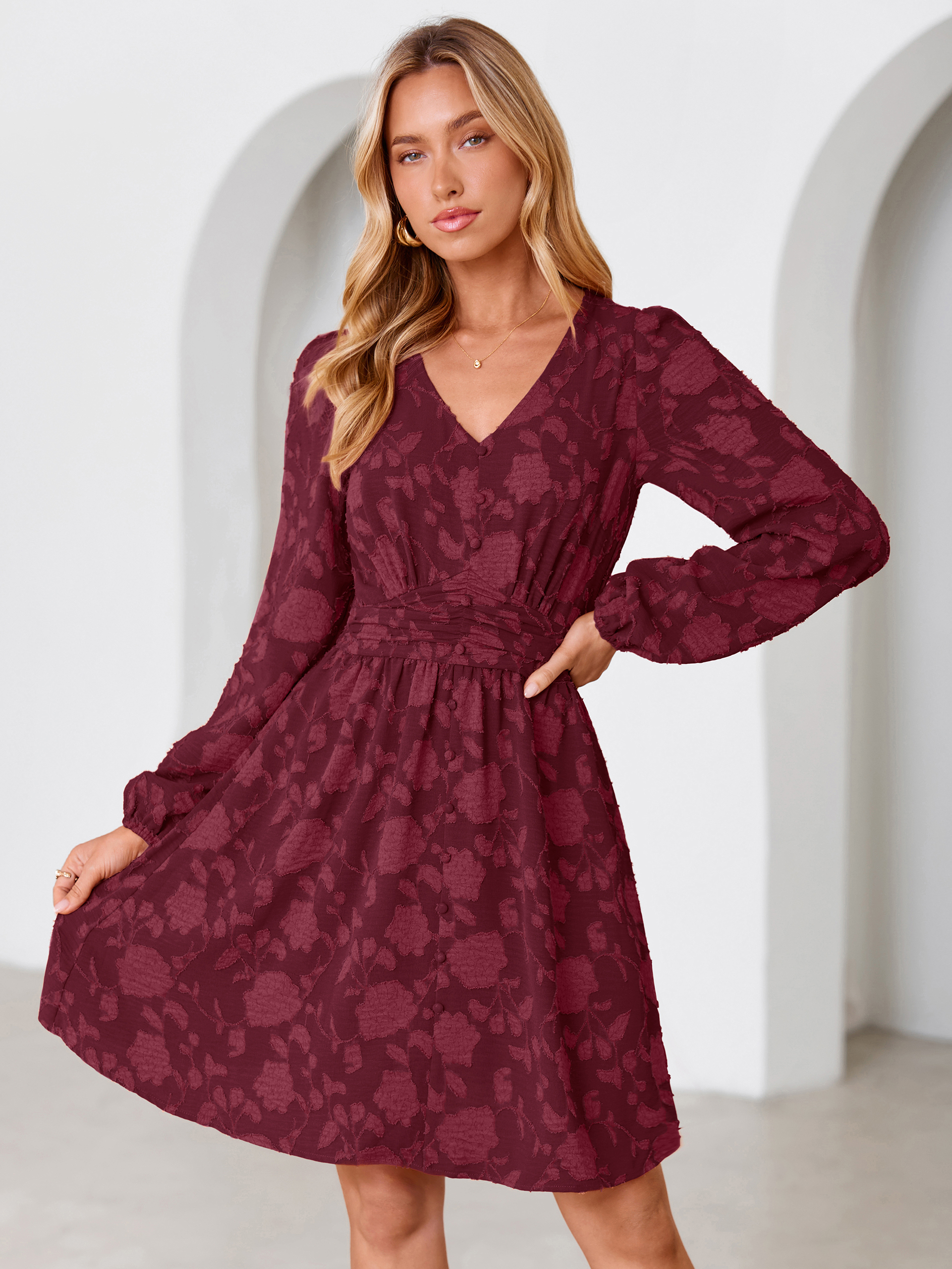 Floral Burnout Puff Sleeve Smocked Mini Dress