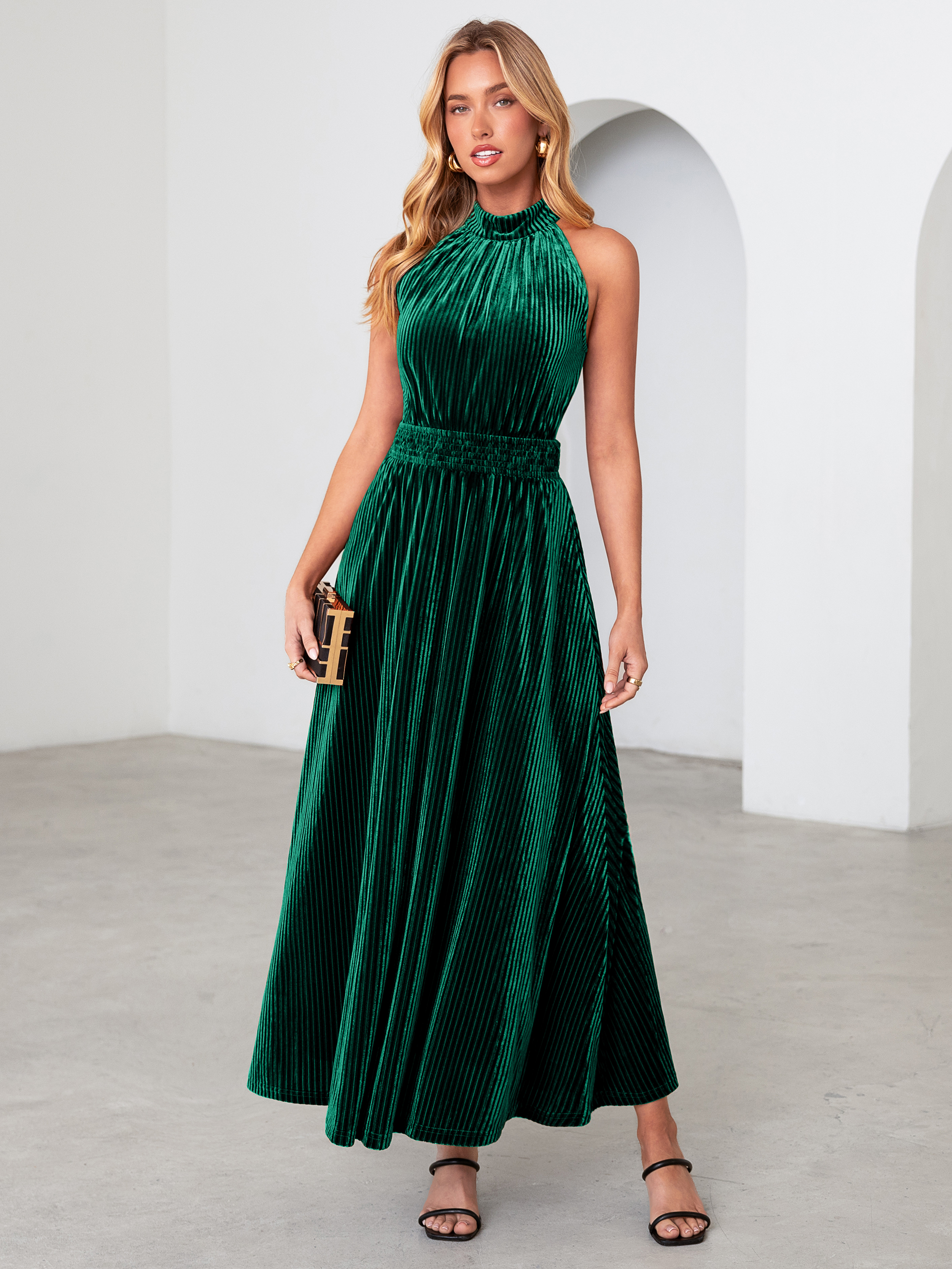 Ribbed Velvet Halter Smocked Maxi Dress