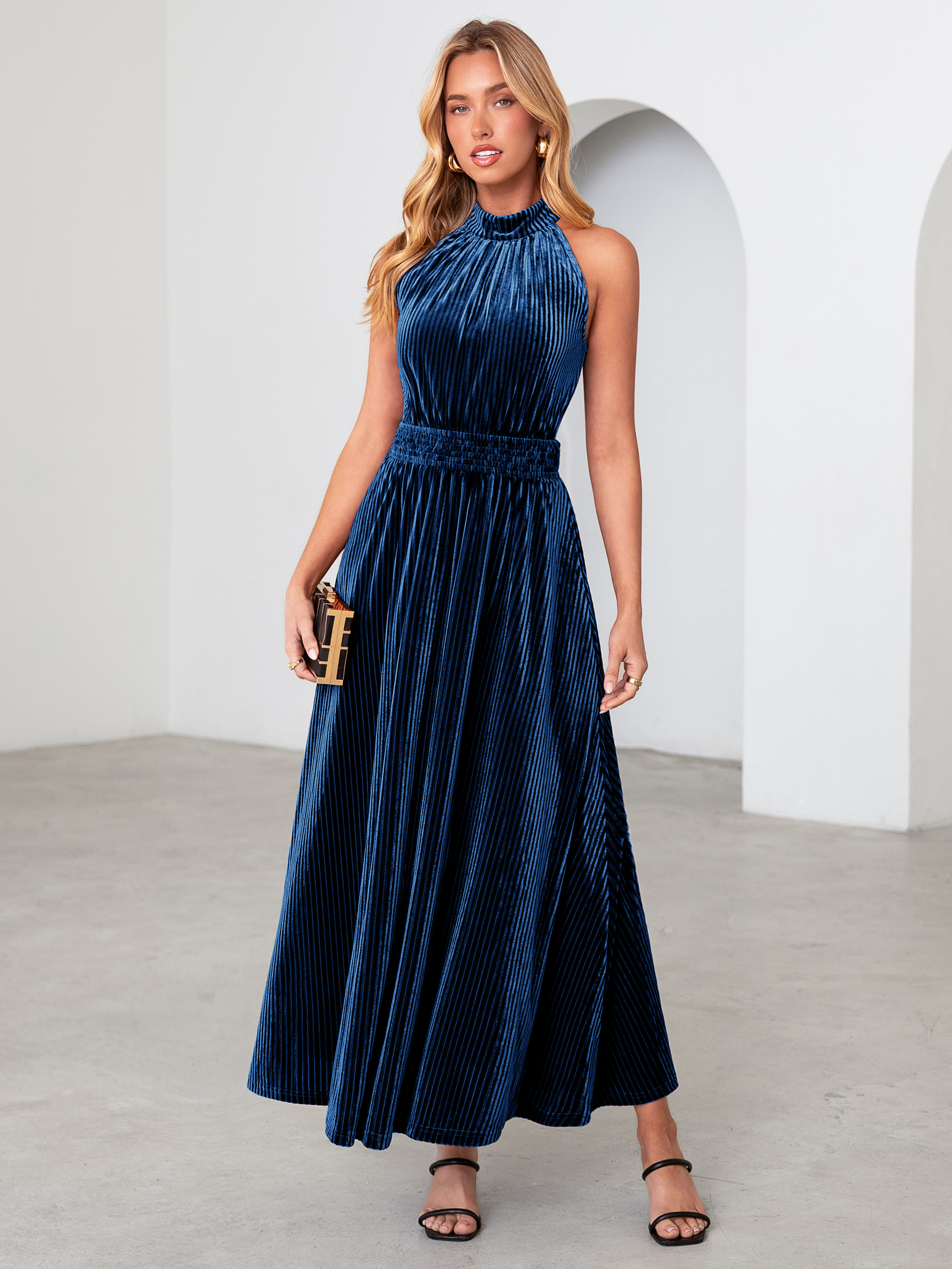 Ribbed Velvet Halter Smocked Maxi Dress