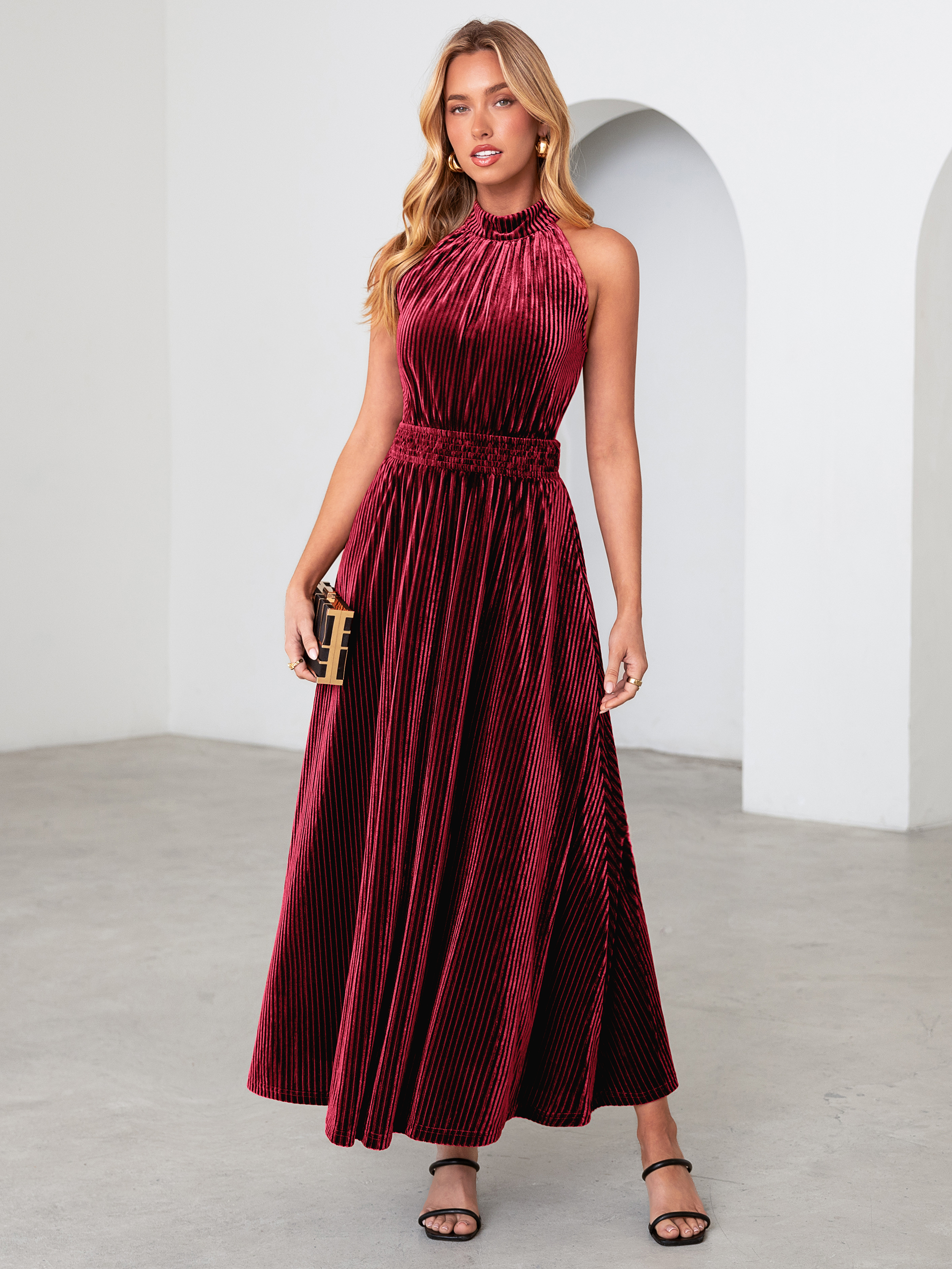 Ribbed Velvet Halter Smocked Maxi Dress