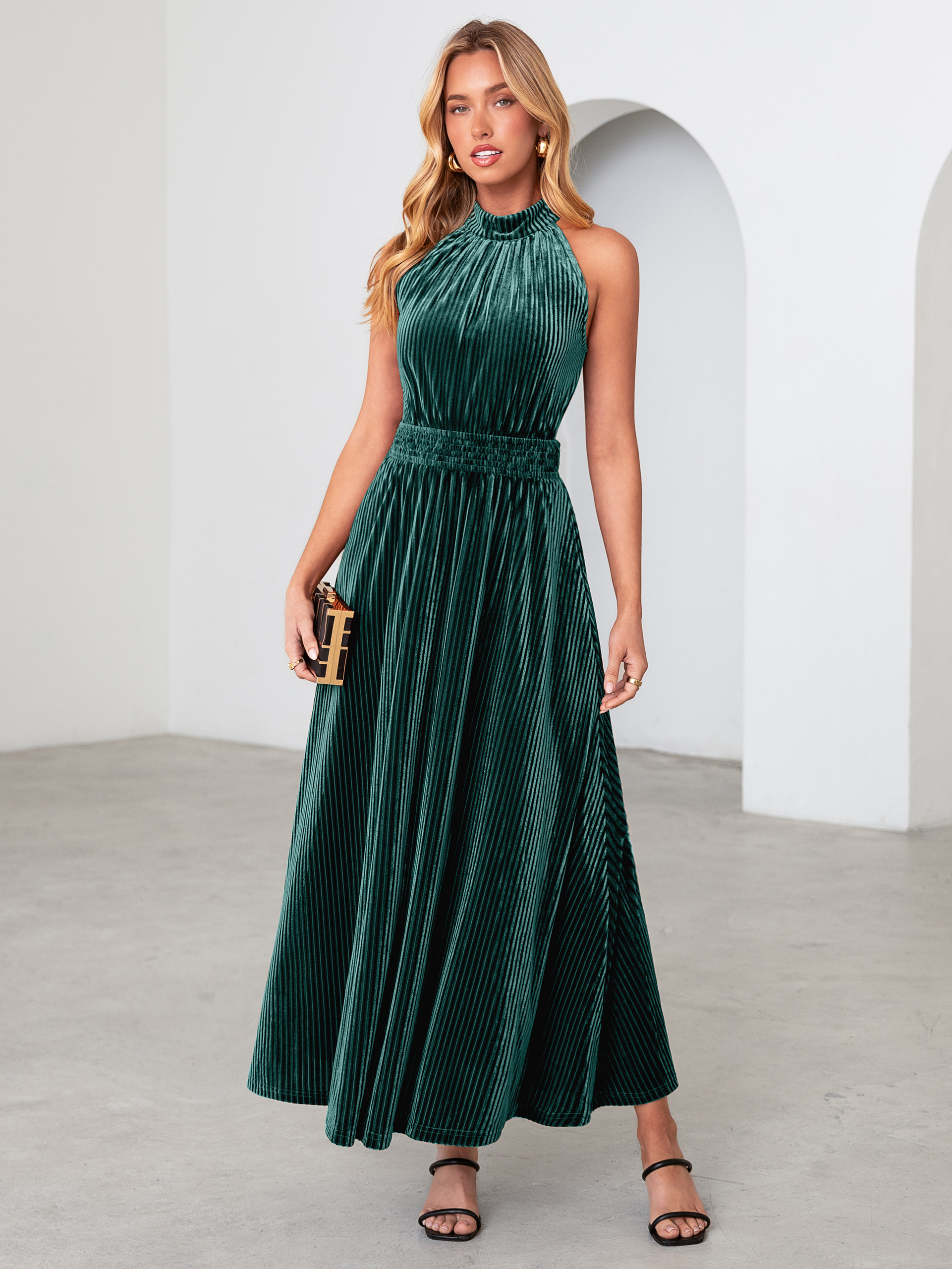 Ribbed Velvet Halter Smocked Maxi Dress