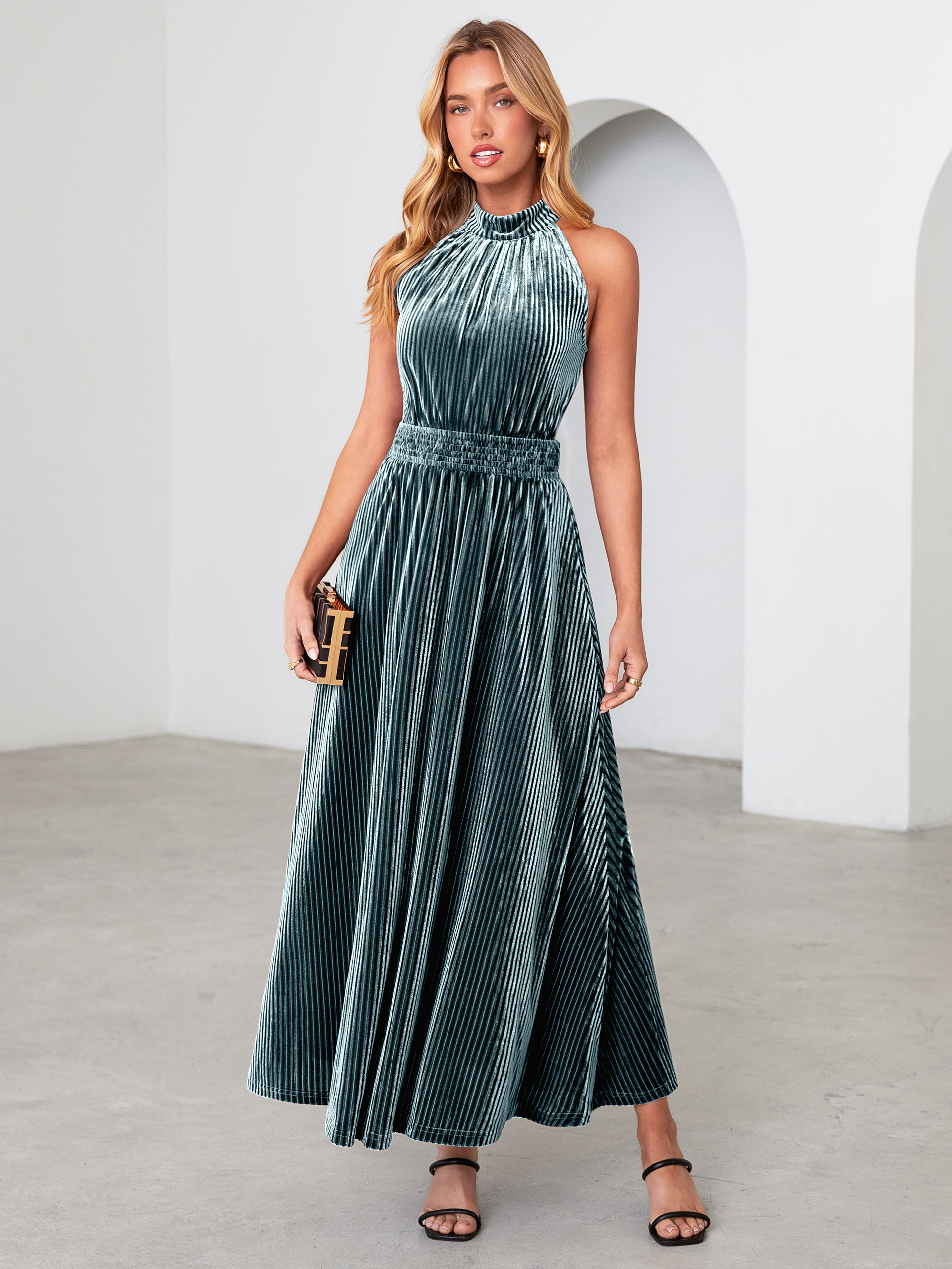 Ribbed Velvet Halter Smocked Maxi Dress