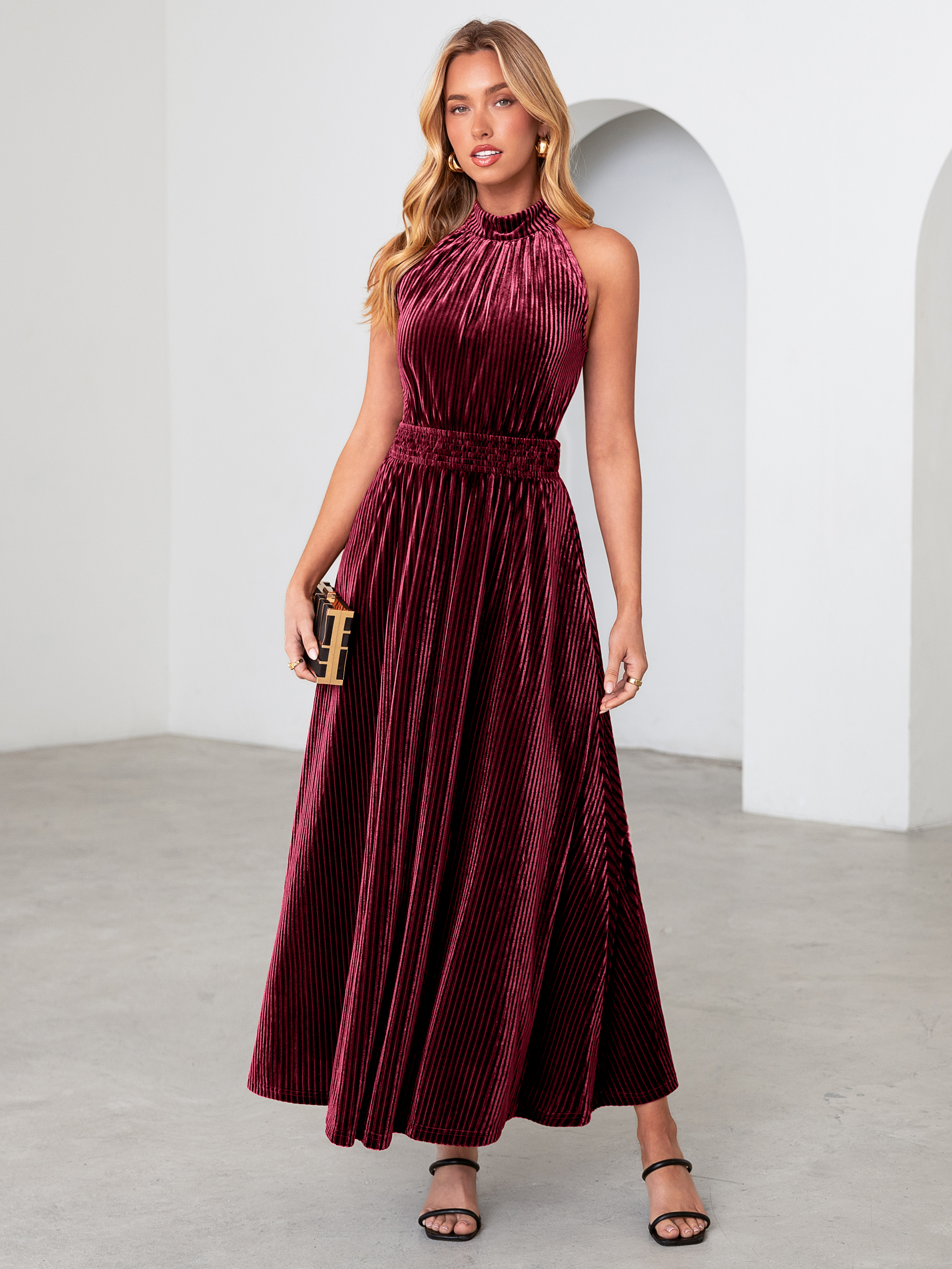 Ribbed Velvet Halter Smocked Maxi Dress