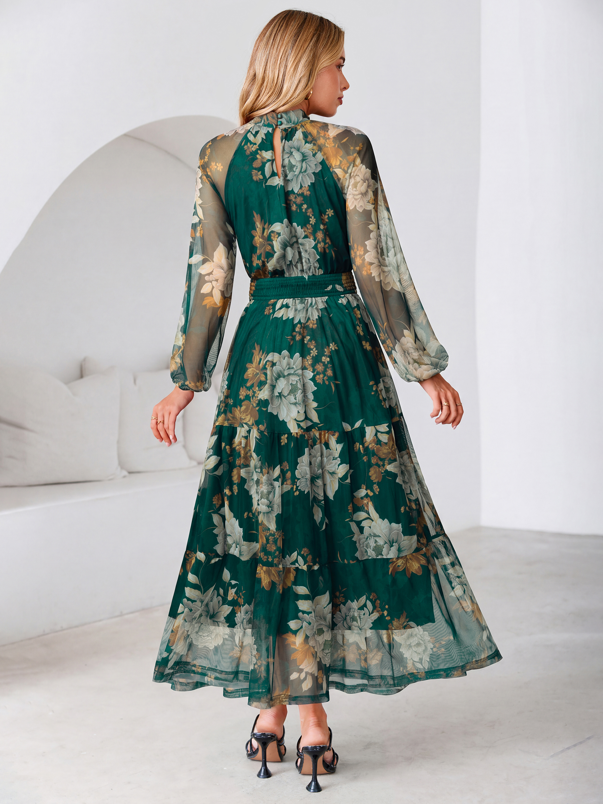 Fall Floral Flowy Tiered Long Sleeve Maxi Dress