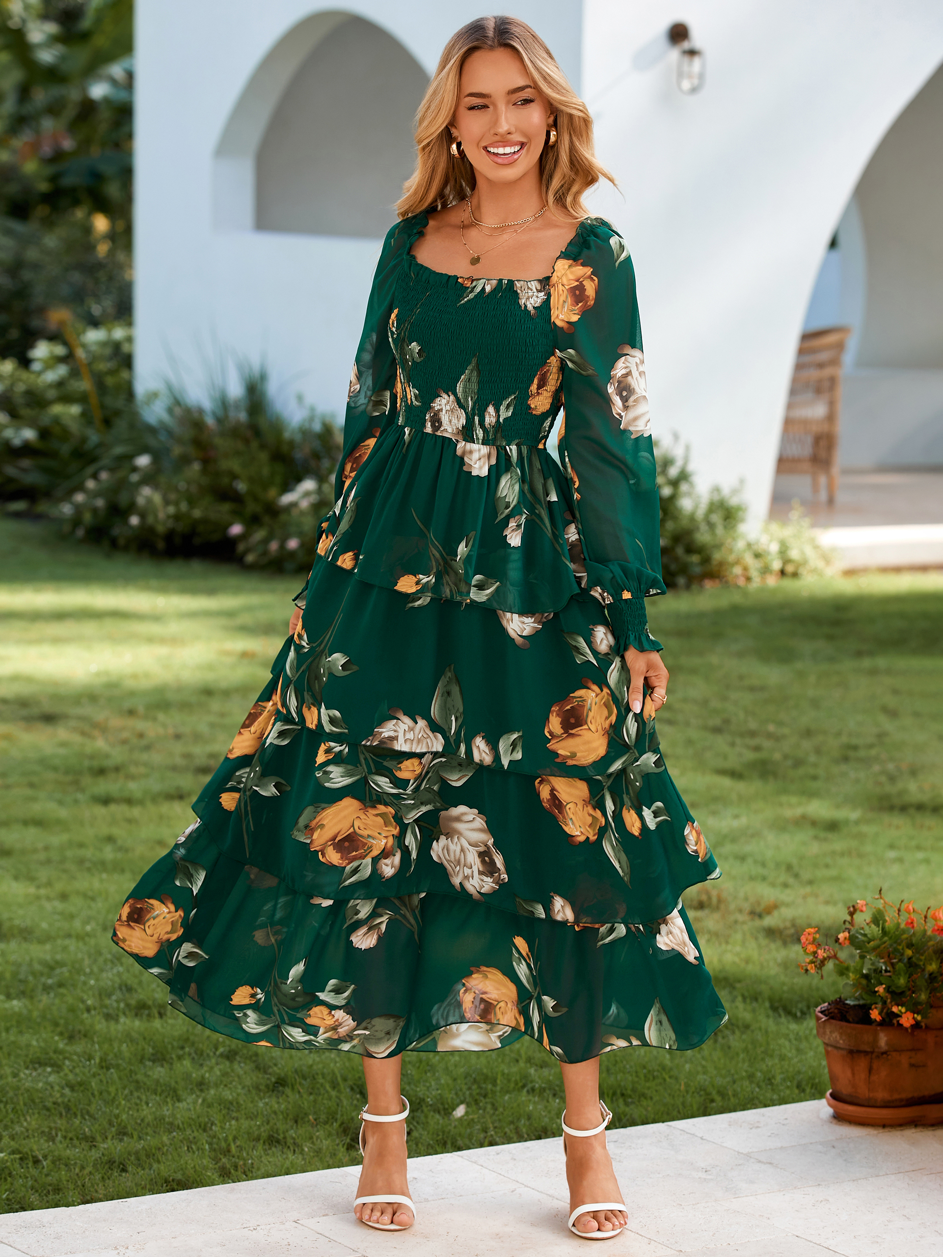Floral Chiffon Tiered Smocked Wedding Guest Dress