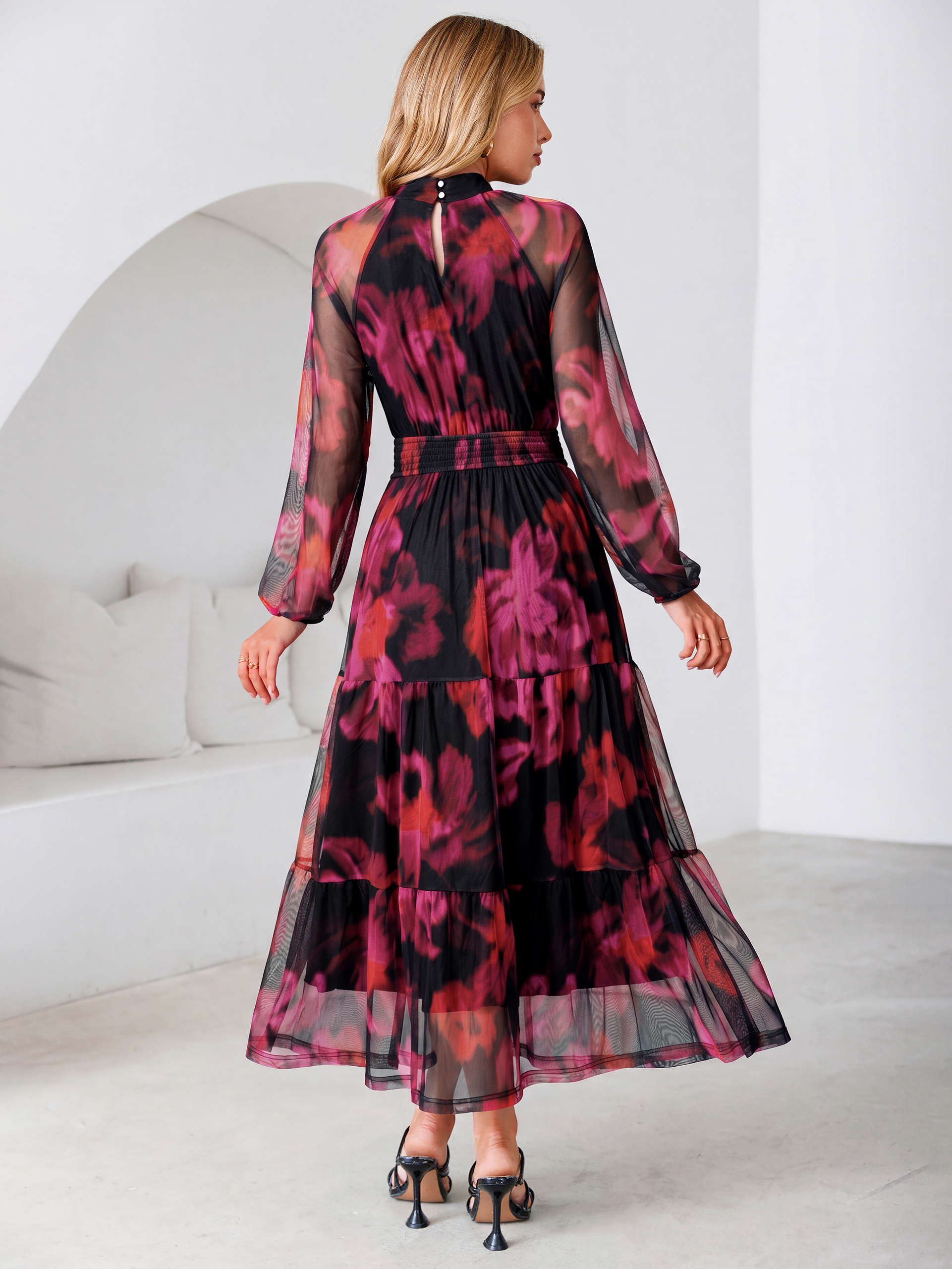 Fall Floral Flowy Tiered Long Sleeve Maxi Dress