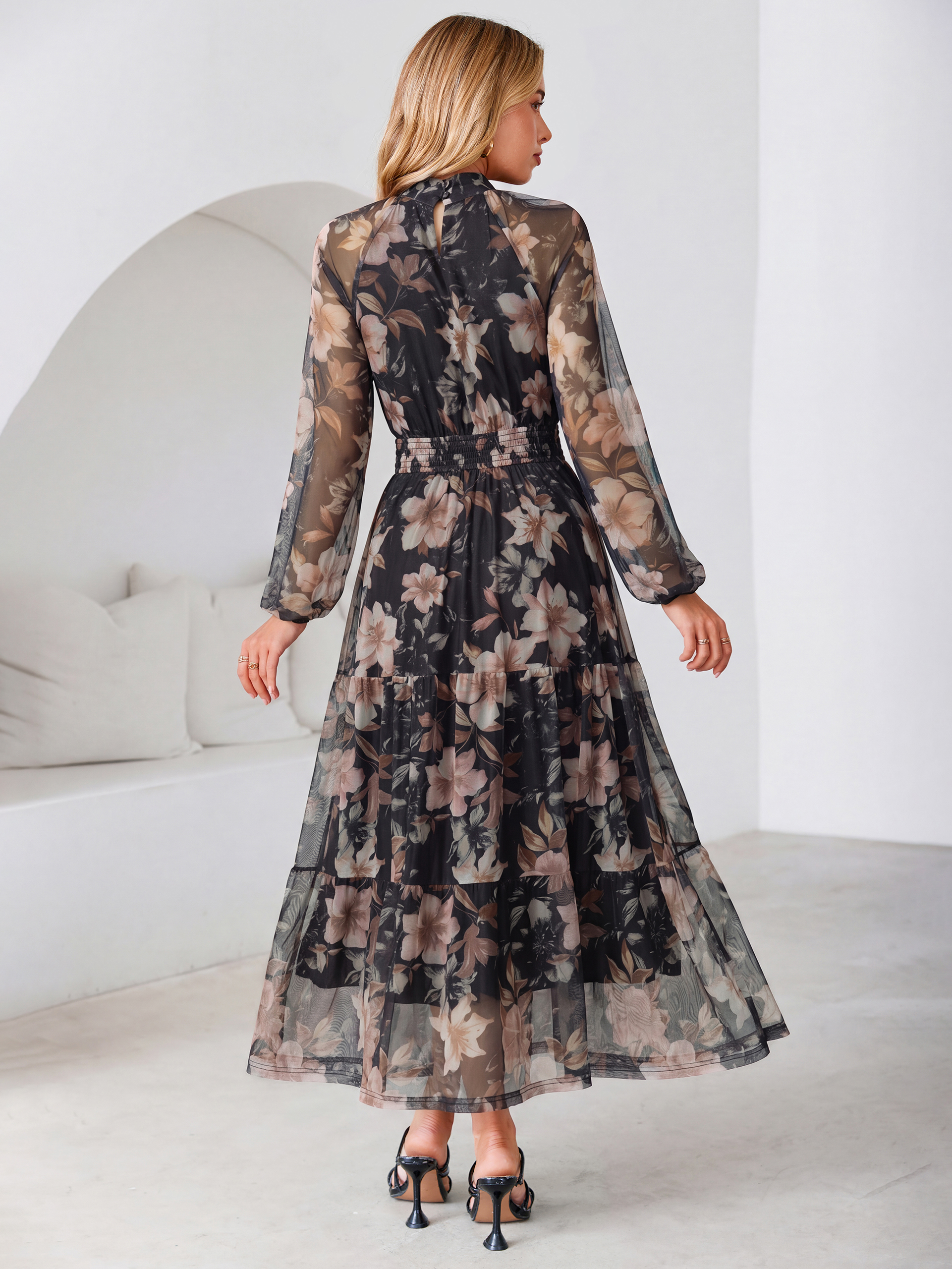 Fall Floral Flowy Tiered Long Sleeve Maxi Dress