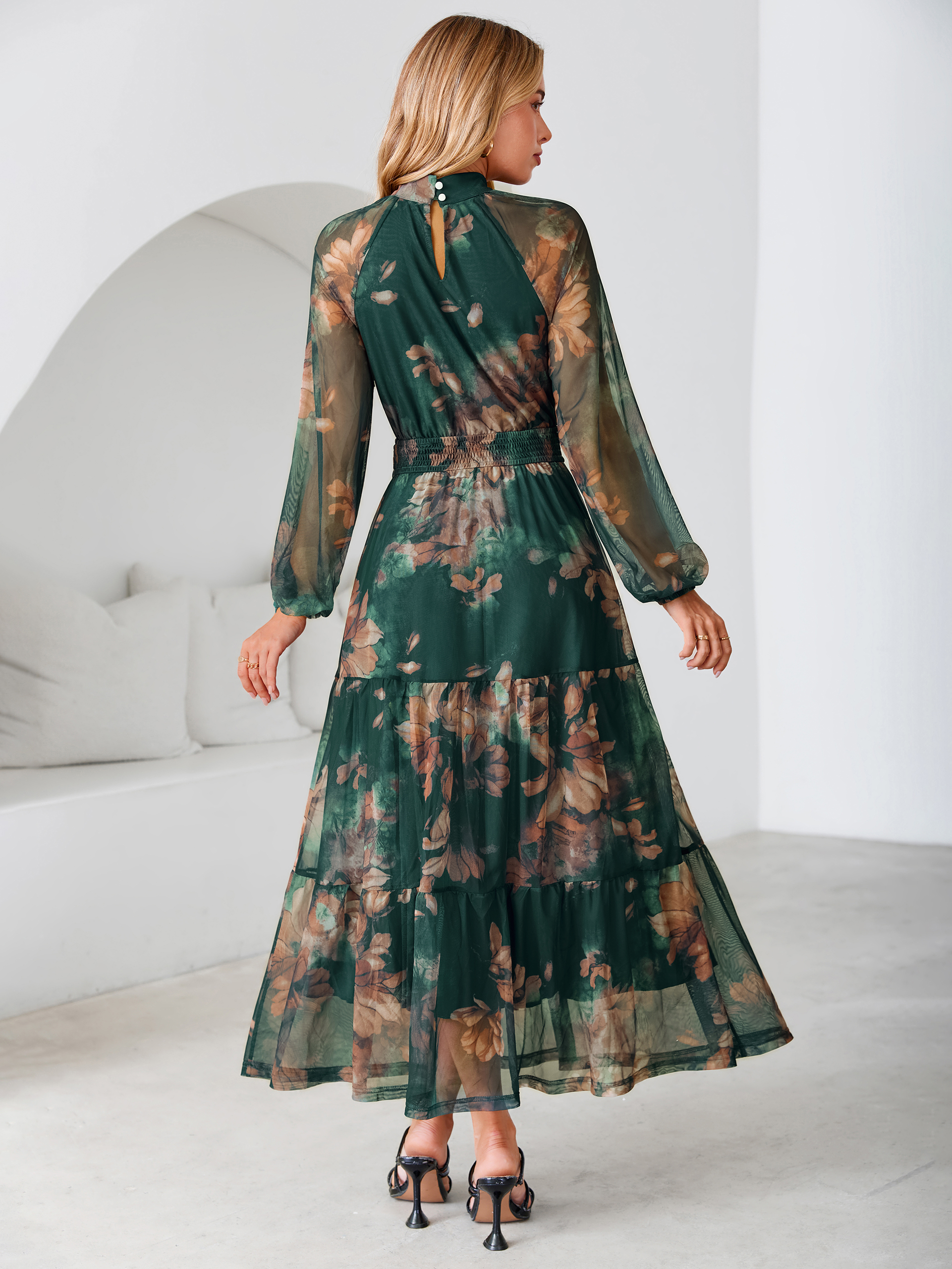 Fall Floral Flowy Tiered Long Sleeve Maxi Dress