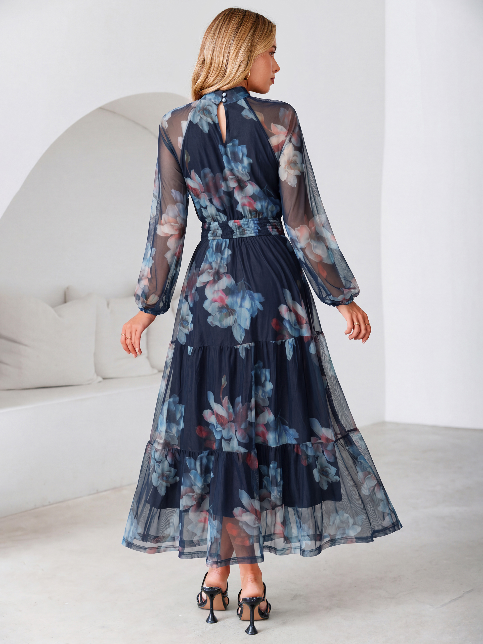 Fall Floral Flowy Tiered Long Sleeve Maxi Dress
