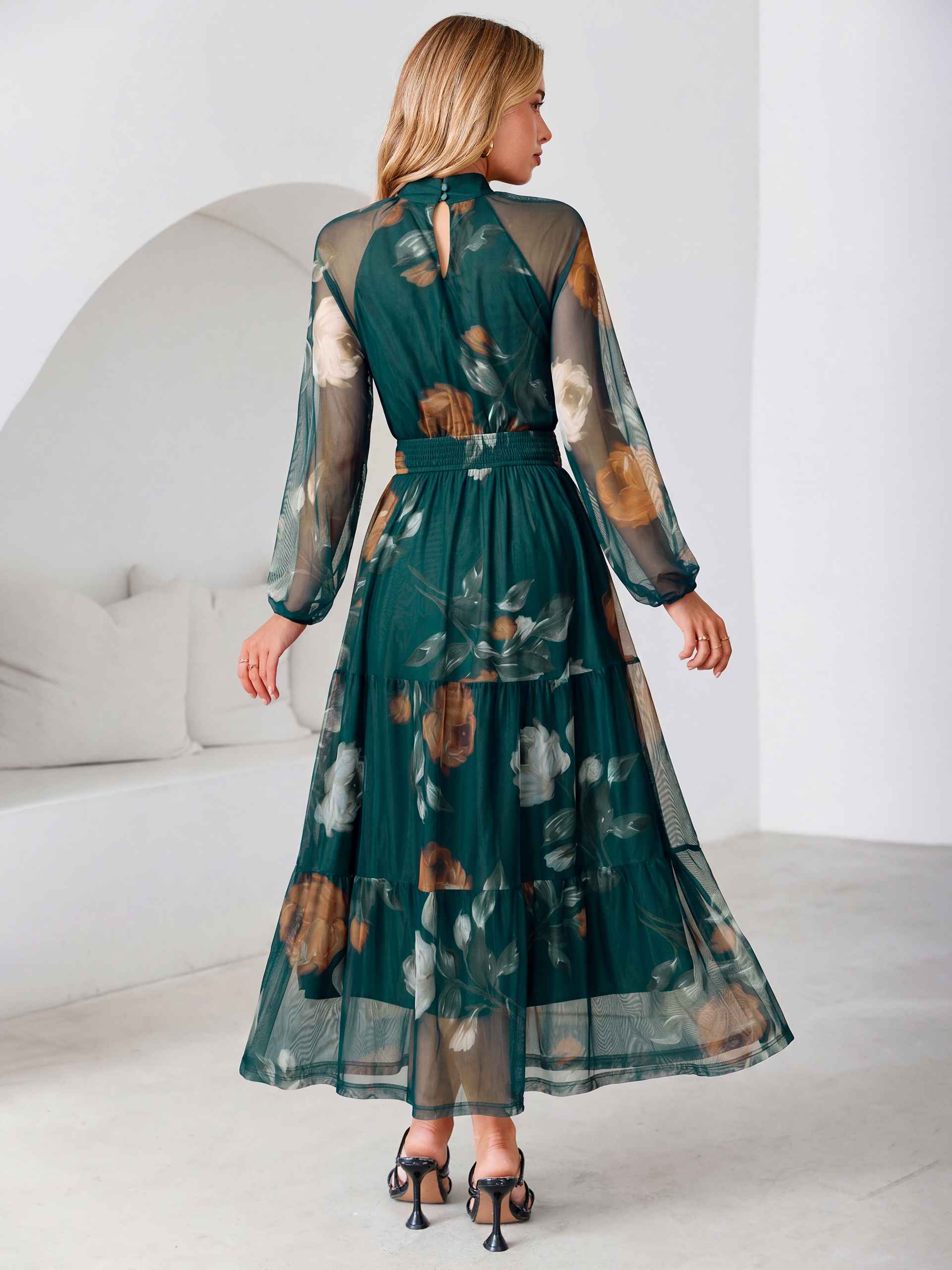 Fall Floral Flowy Tiered Long Sleeve Maxi Dress