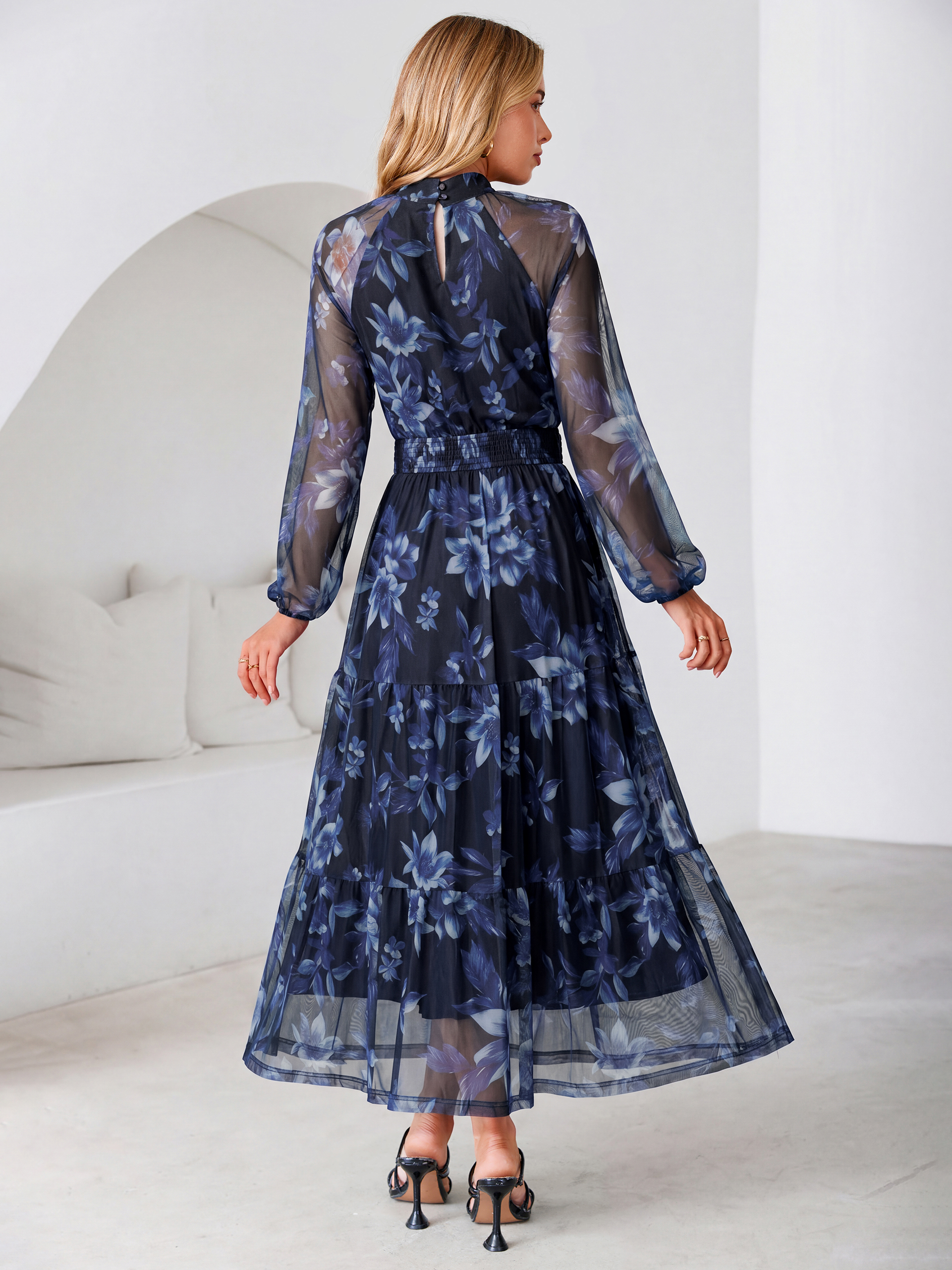 Fall Floral Flowy Tiered Long Sleeve Maxi Dress