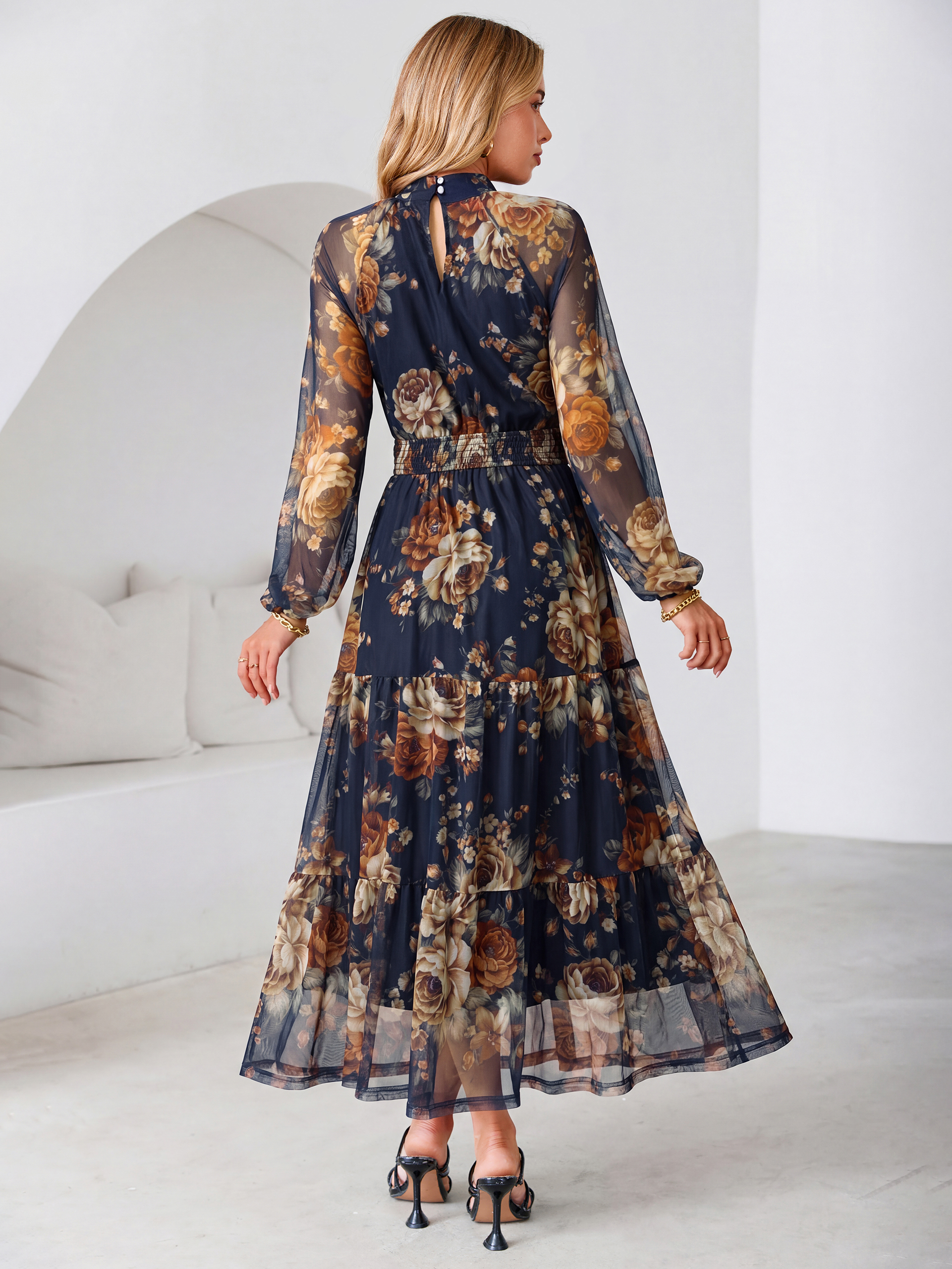 Fall Floral Flowy Tiered Long Sleeve Maxi Dress