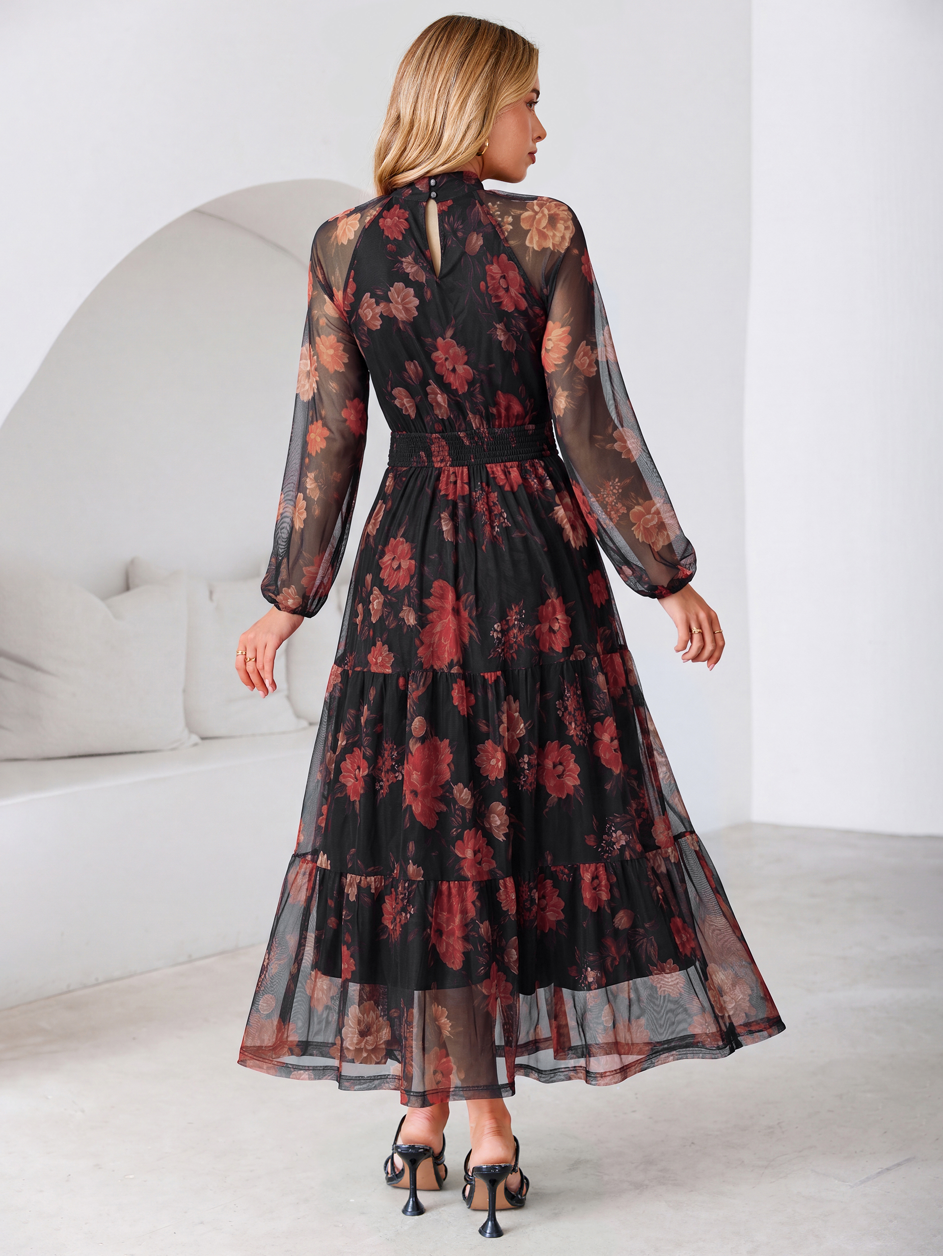 Fall Floral Flowy Tiered Long Sleeve Maxi Dress