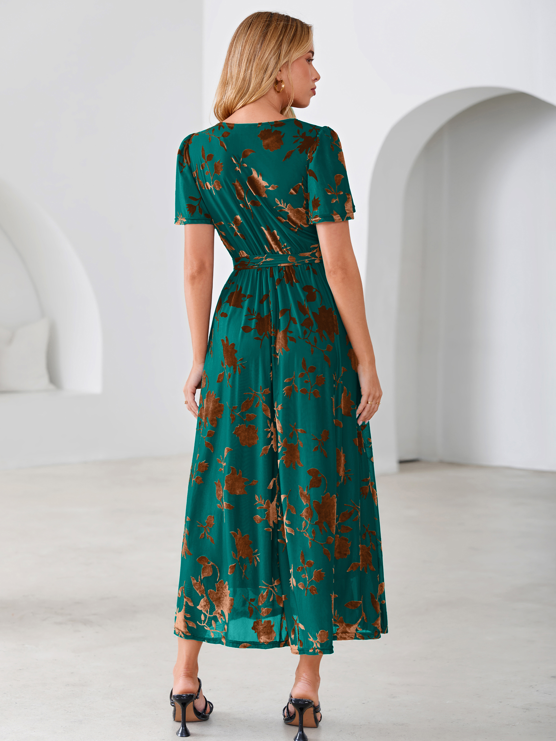 Velvet Floral Tie Waist Flutter Sleeve Maxi Dress