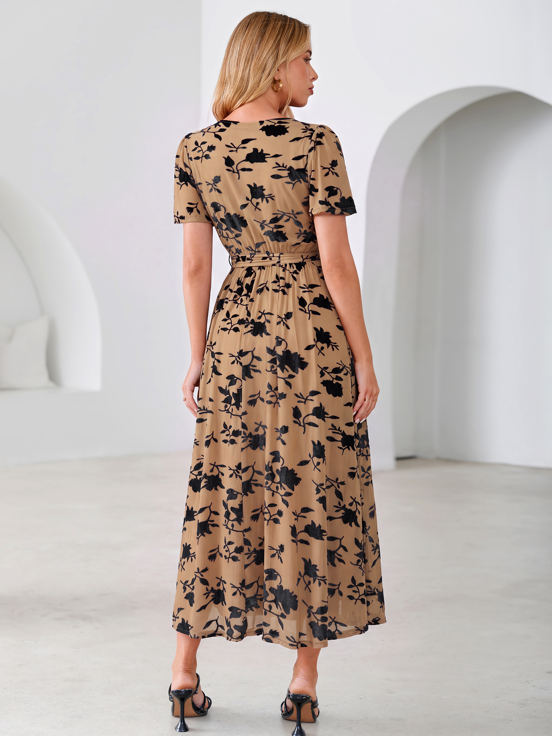 Velvet Floral Tie Waist Flutter Sleeve Maxi Dress
