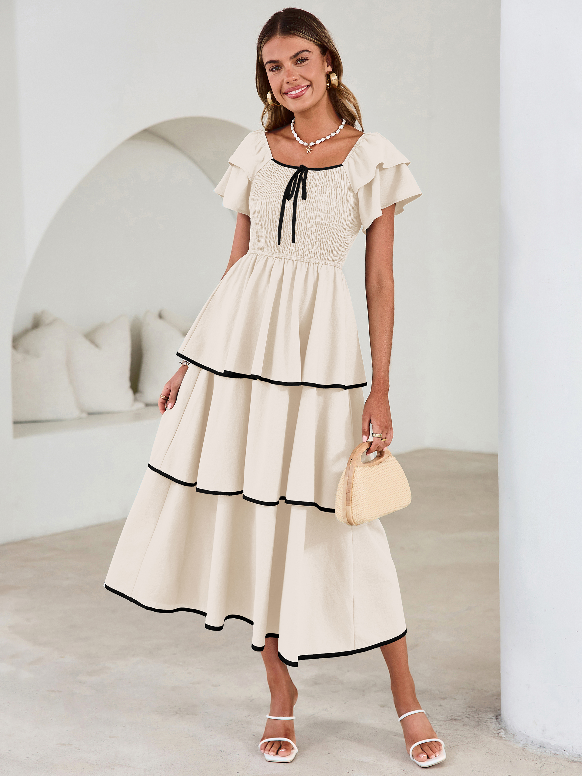 Ruched Off Shoulder Tiered Maxi Dress - Apricot