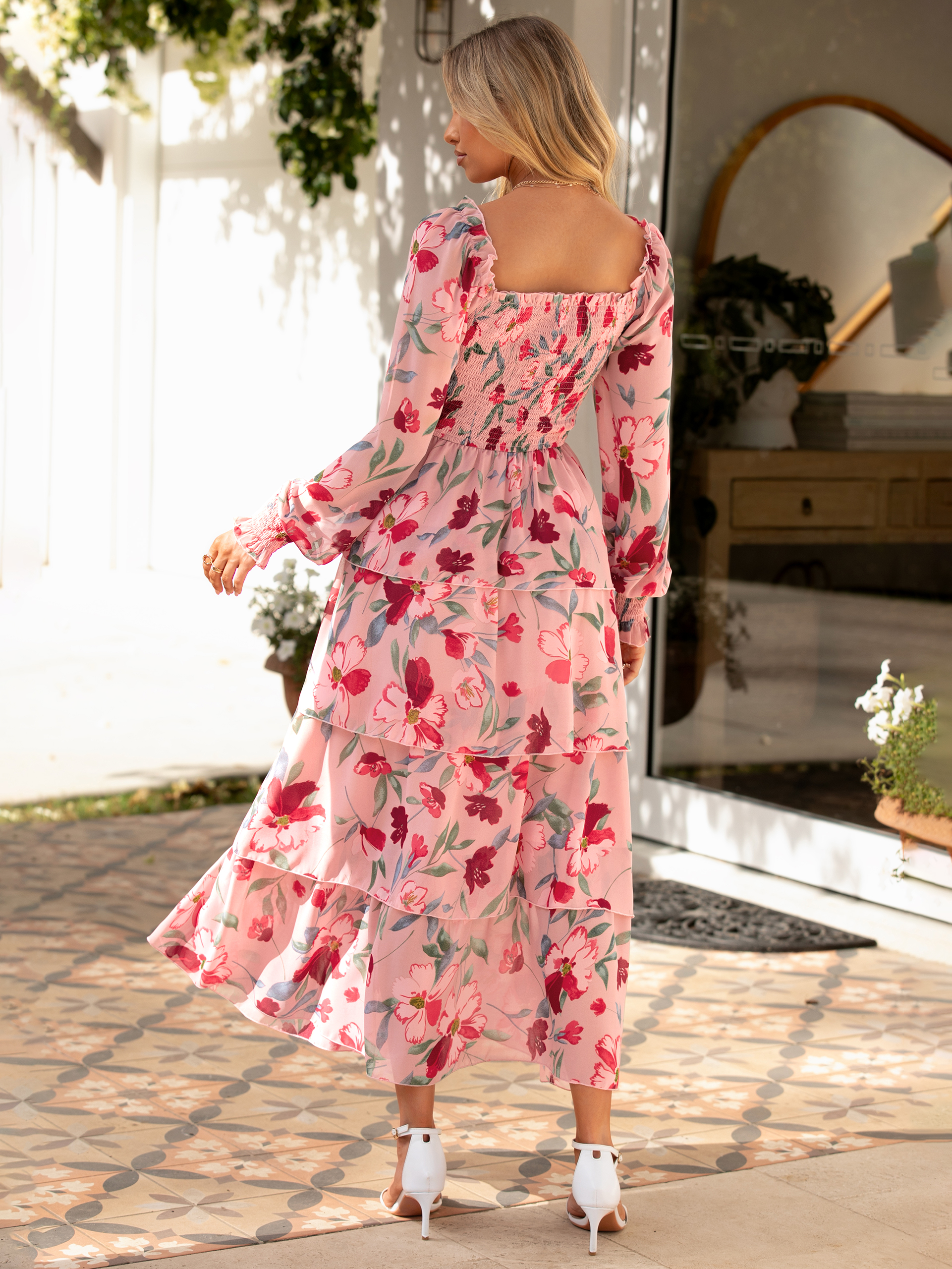 Floral Chiffon Tiered Smocked Wedding Guest Dress