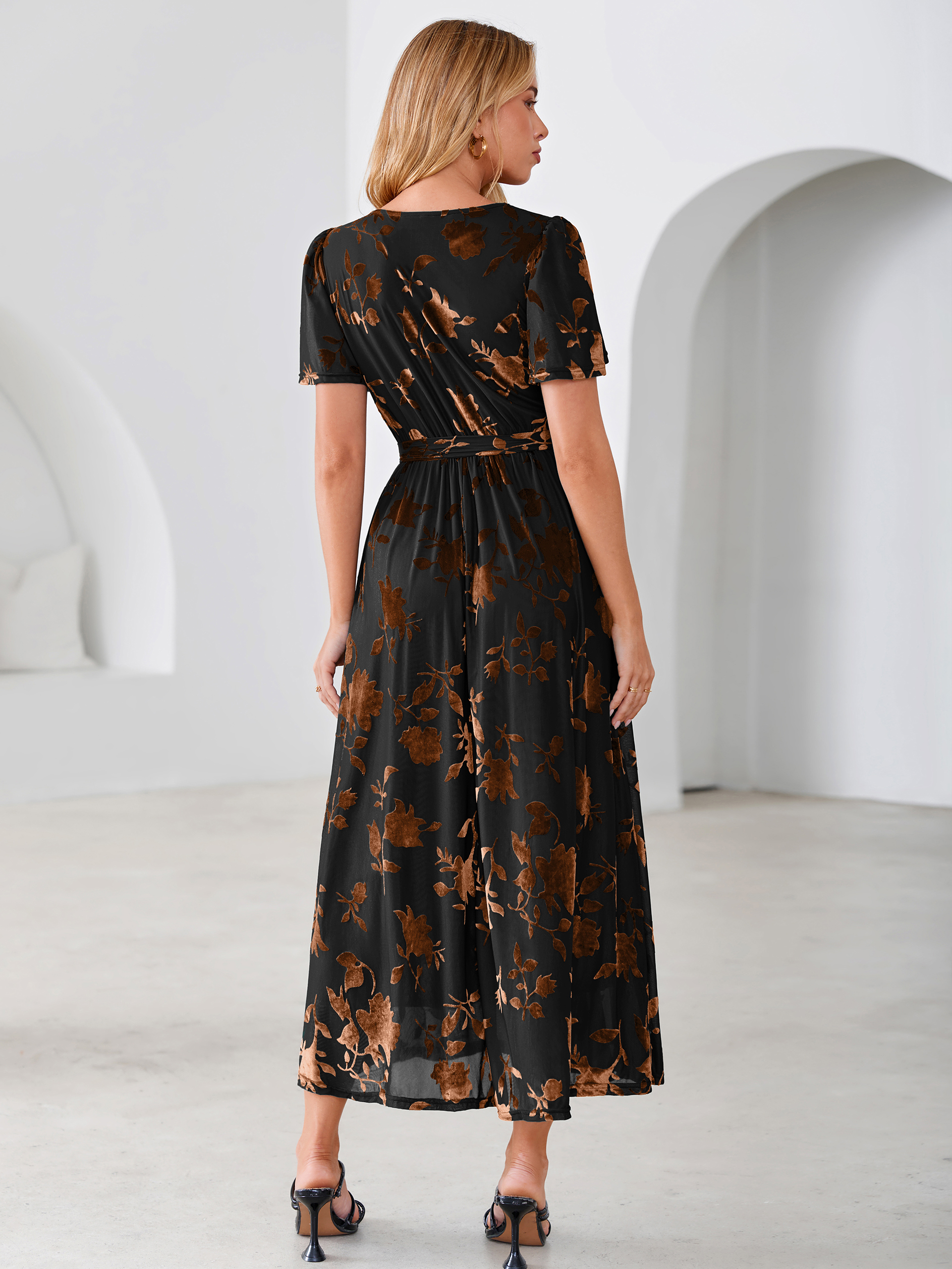 Velvet Floral Tie Waist Flutter Sleeve Maxi Dress