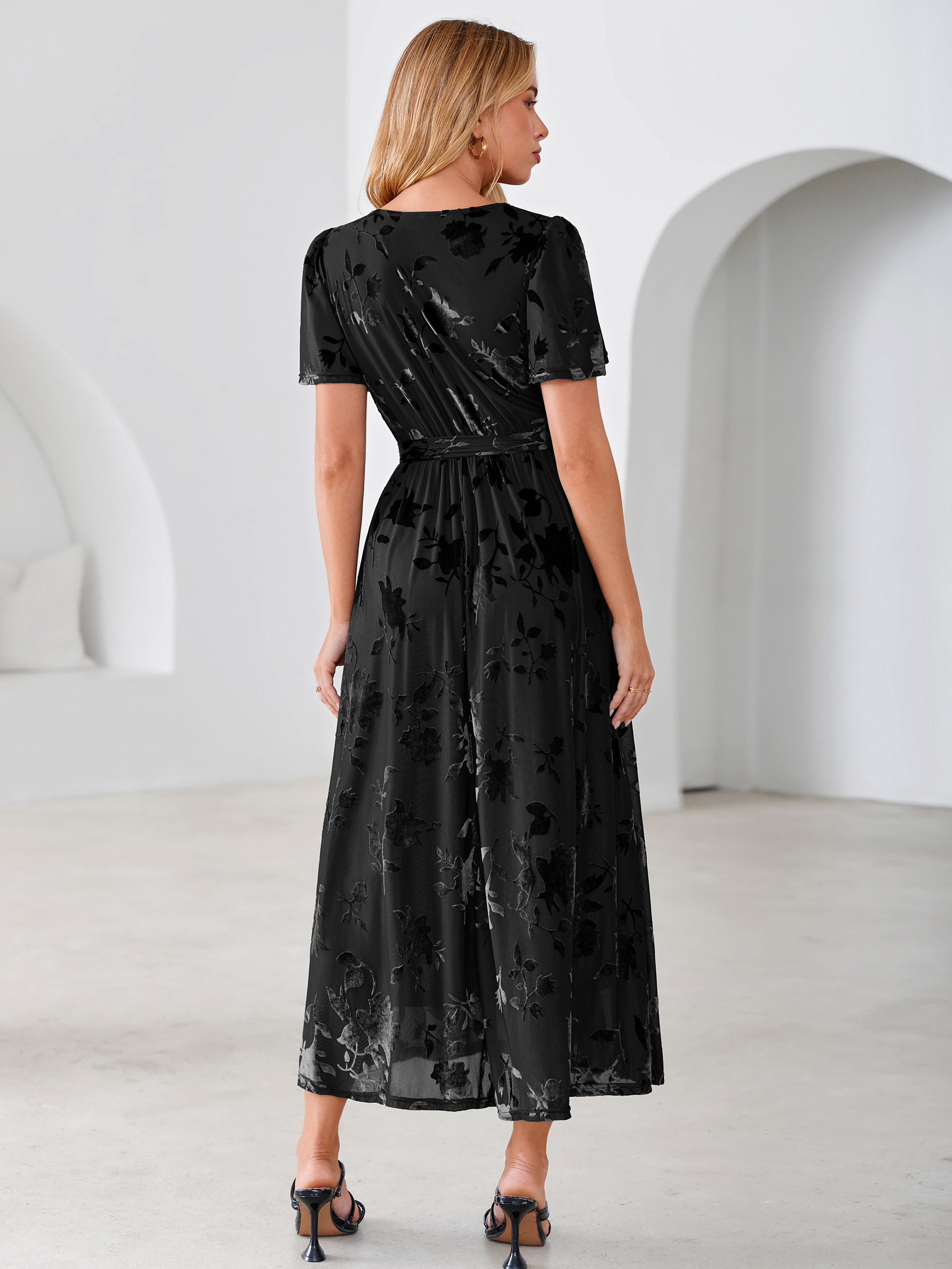 Velvet Floral Tie Waist Flutter Sleeve Maxi Dress