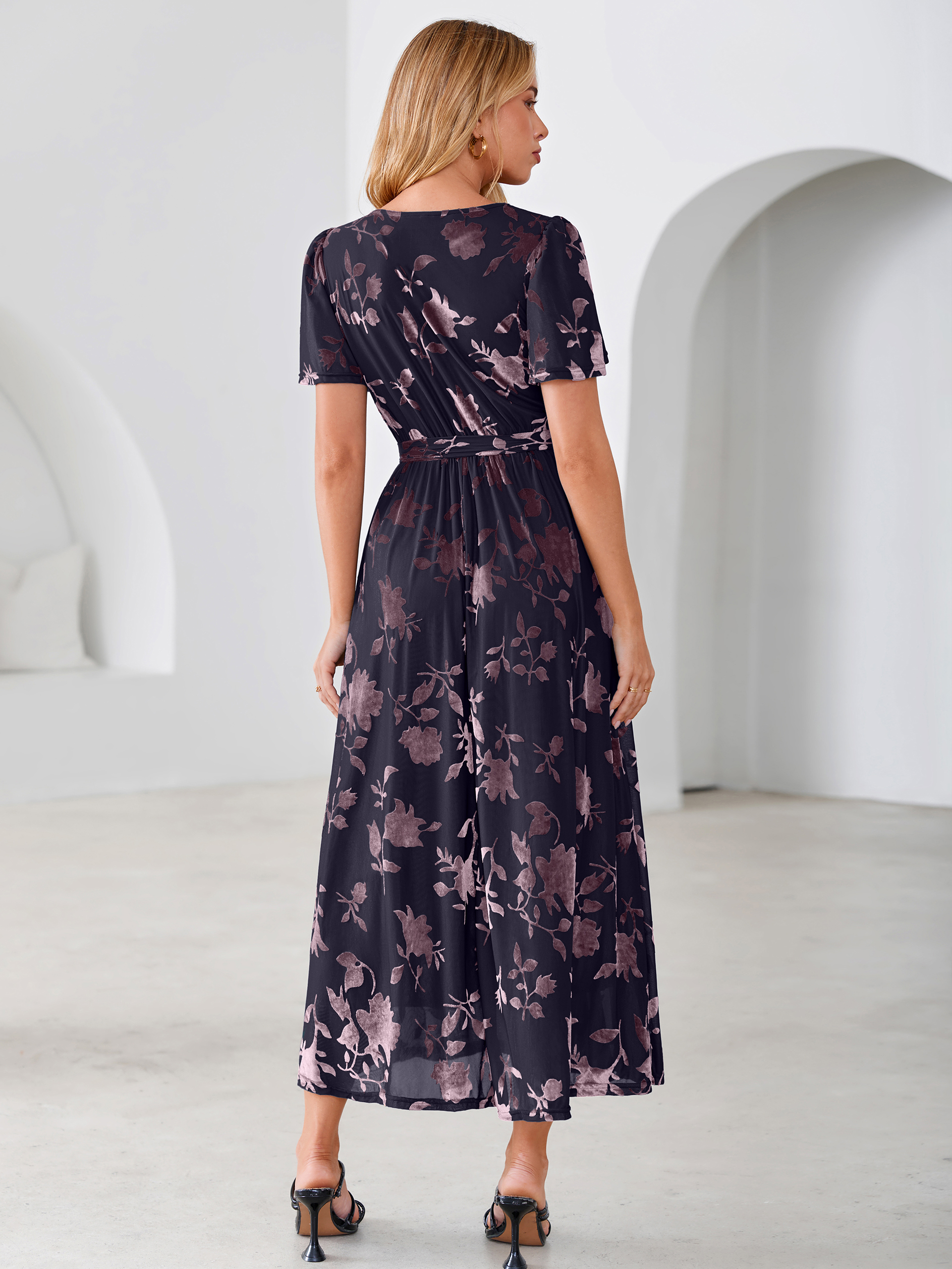 Velvet Floral Tie Waist Flutter Sleeve Maxi Dress