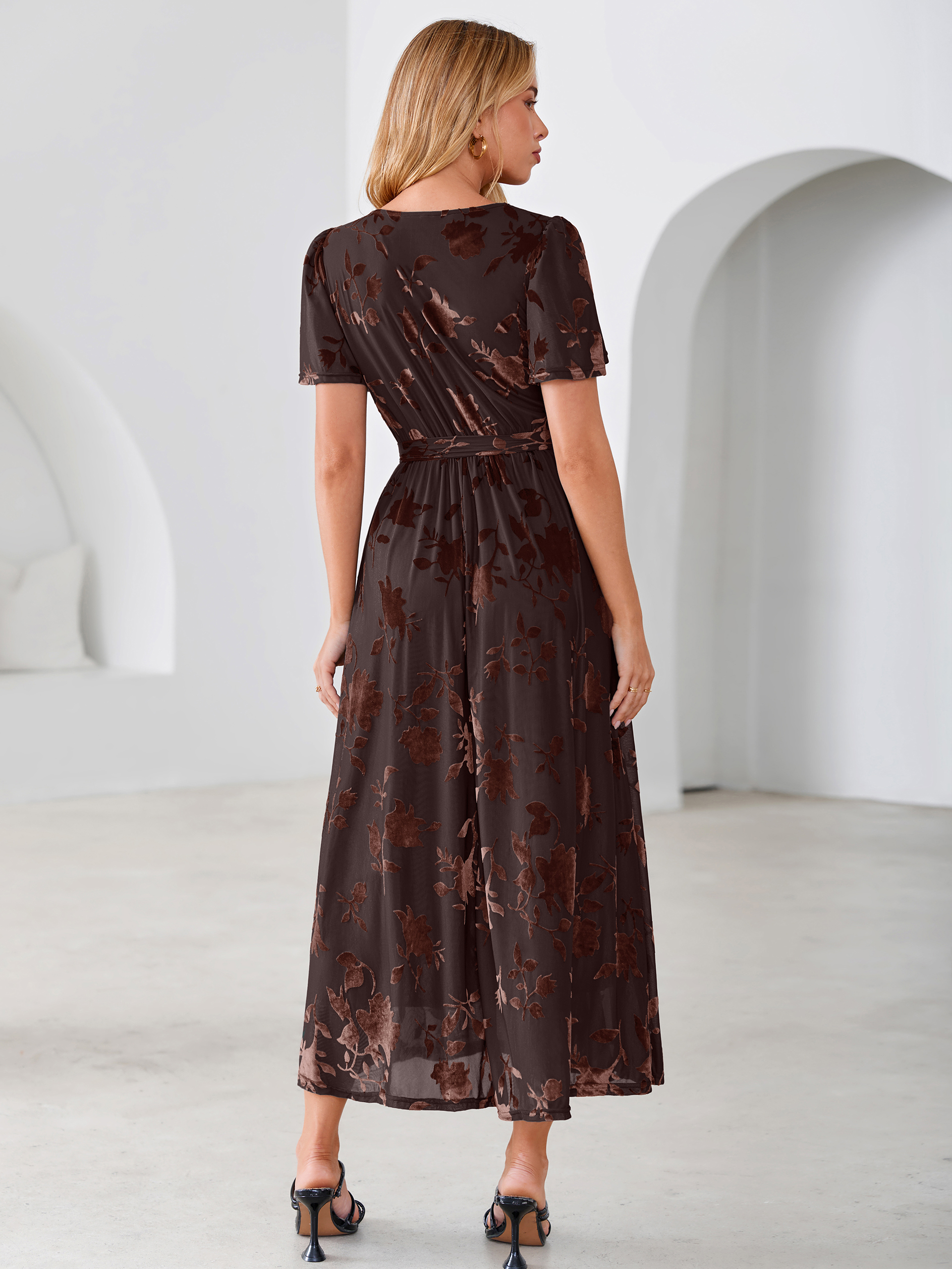 Velvet Floral Tie Waist Flutter Sleeve Maxi Dress